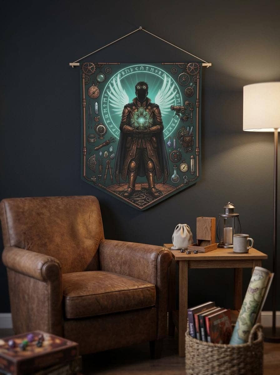 Radiant male aasimar artificer surrounded by arcane gadgets, tinkering tools, and celestial light on a premium pennant, shown in a cosy den corner