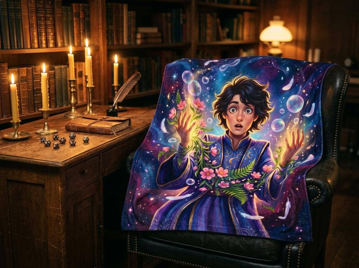 The ultimate inside joke for tabletop spellcasters: an ultra-soft, vibrant throw blanket depicting the chaotic panic of rolling a wild magic surge disaster mid-battle, shown draped over a study armchair