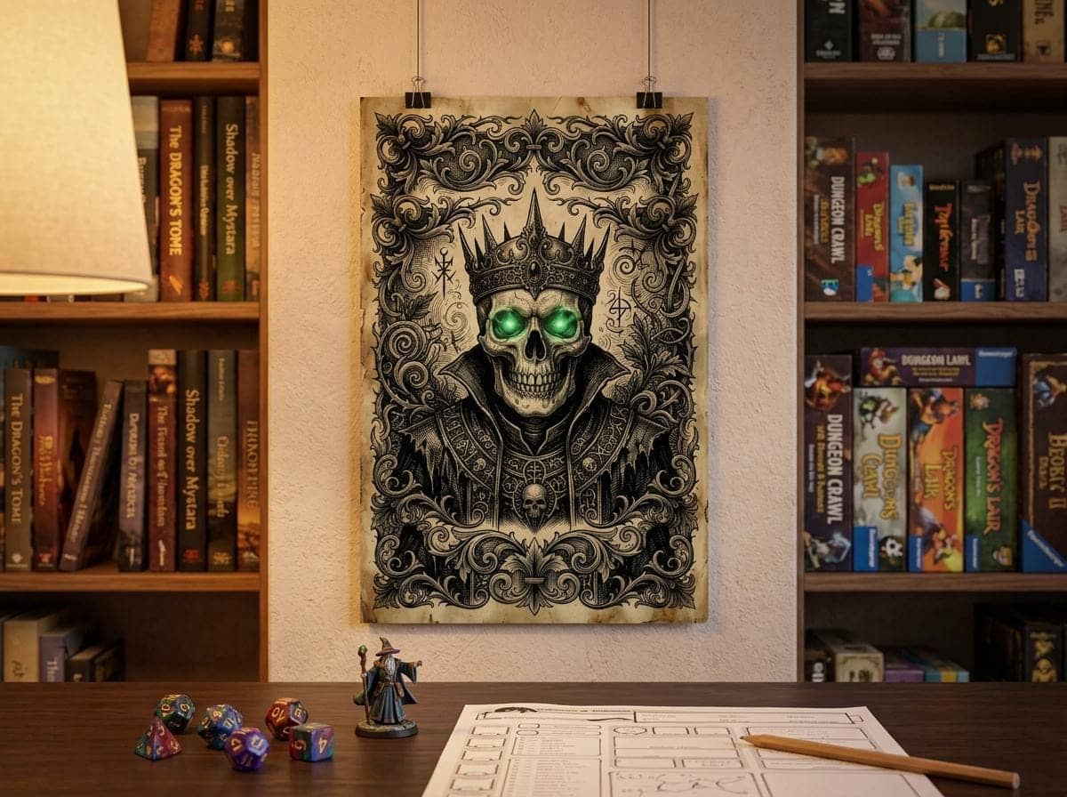 An in-world weathered bounty placard depicting an ancient skeletal sorcerer, shown on a game room wall