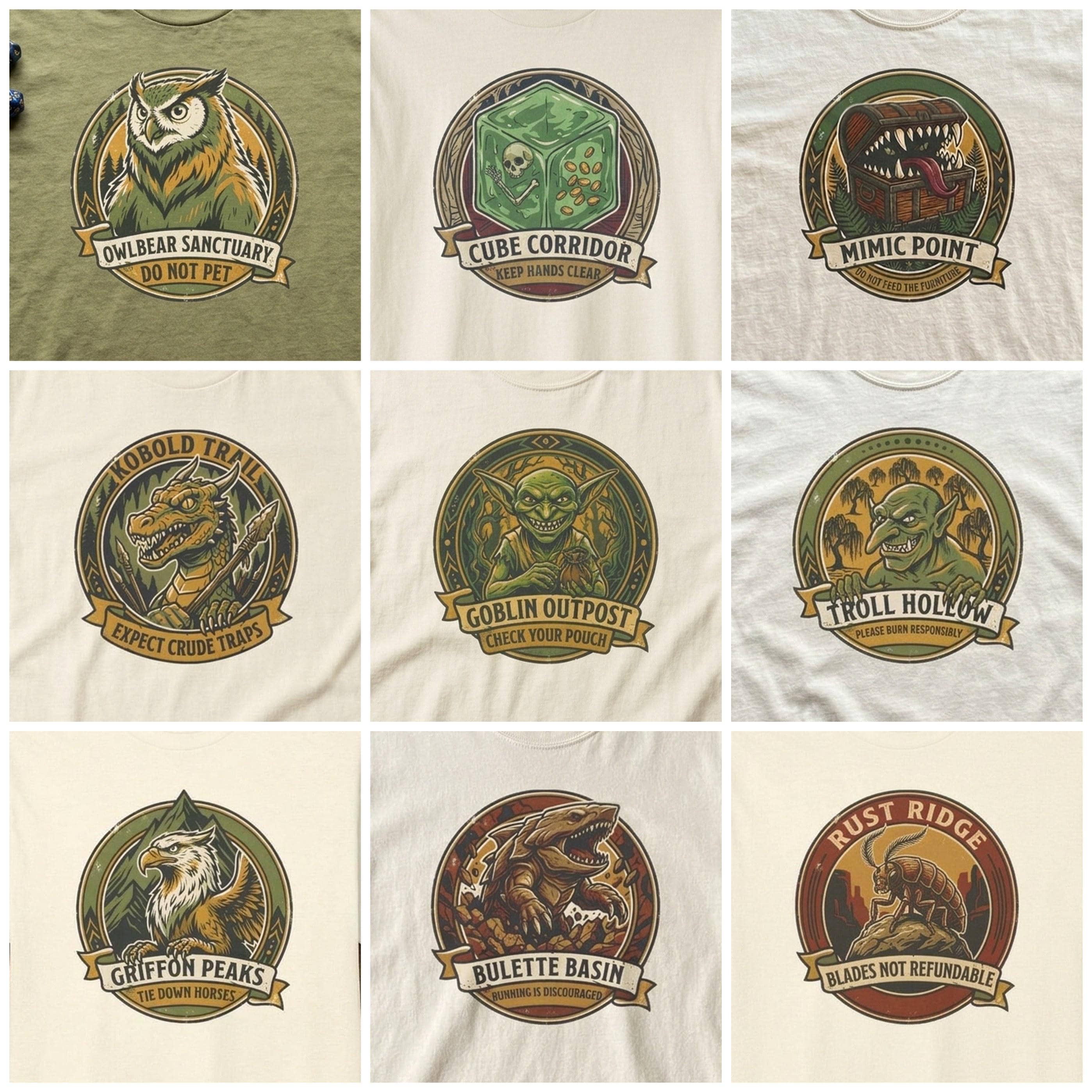 Tabletop Monster Sanctuary Badges: all 9 designs of the set side by side