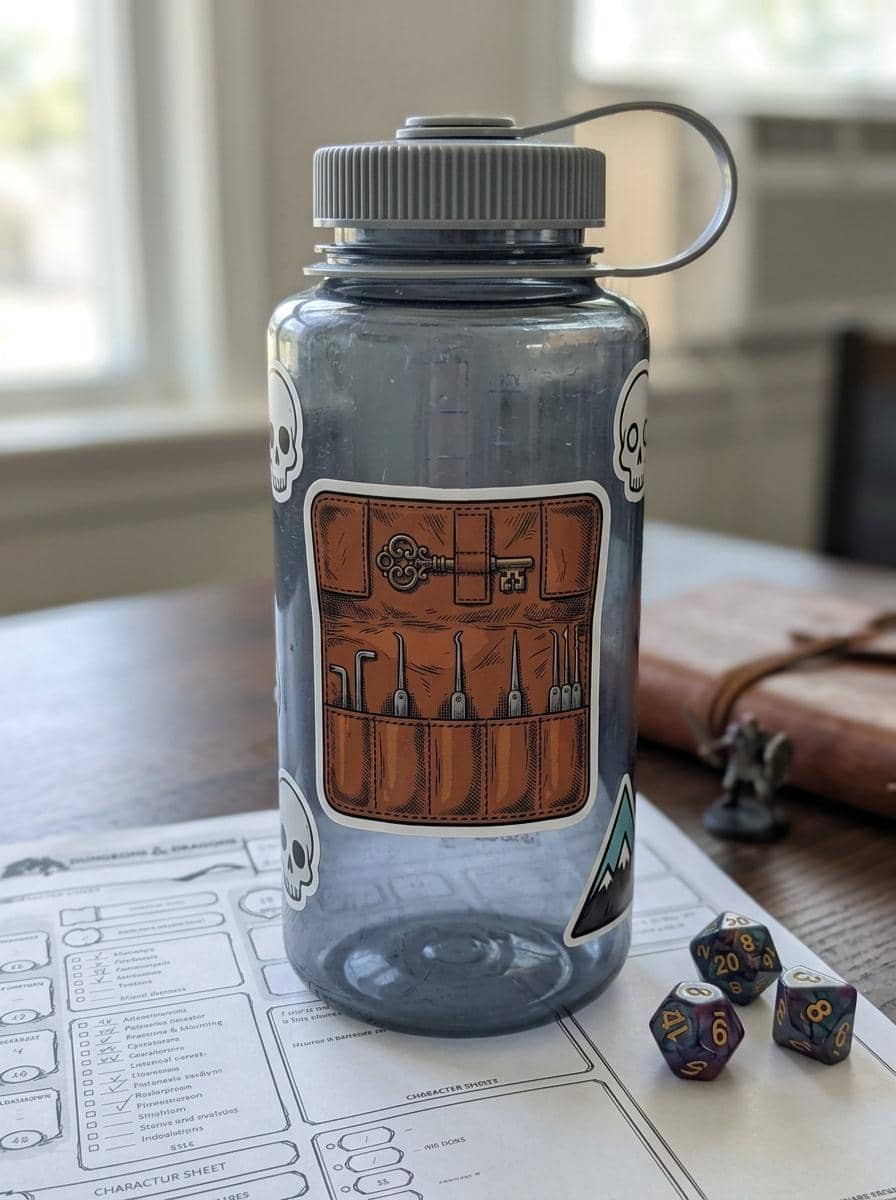 A detailed kiss-cut vinyl decal featuring an unrolled rogue's leather lockpick kit, shown on a water bottle