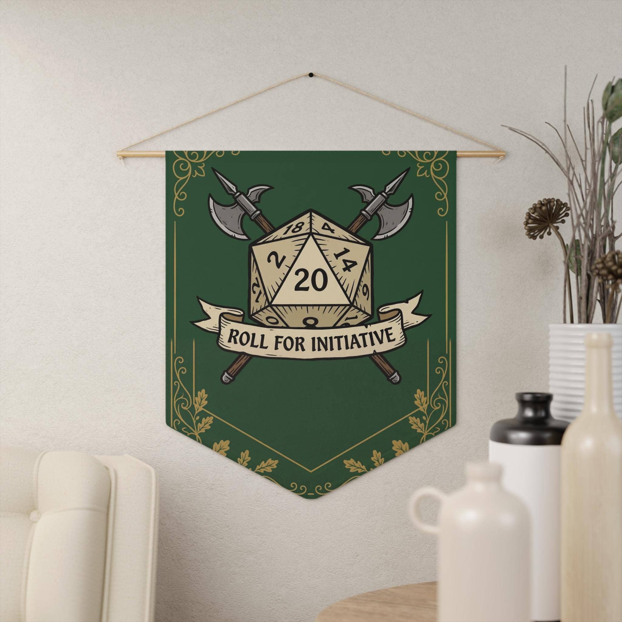 An authentic tavern-inspired heraldic battle cry banner designed to mark game room territory, solving the search for high-impact Dungeon Master appreciation and game night housewarming gifts, in a room setting