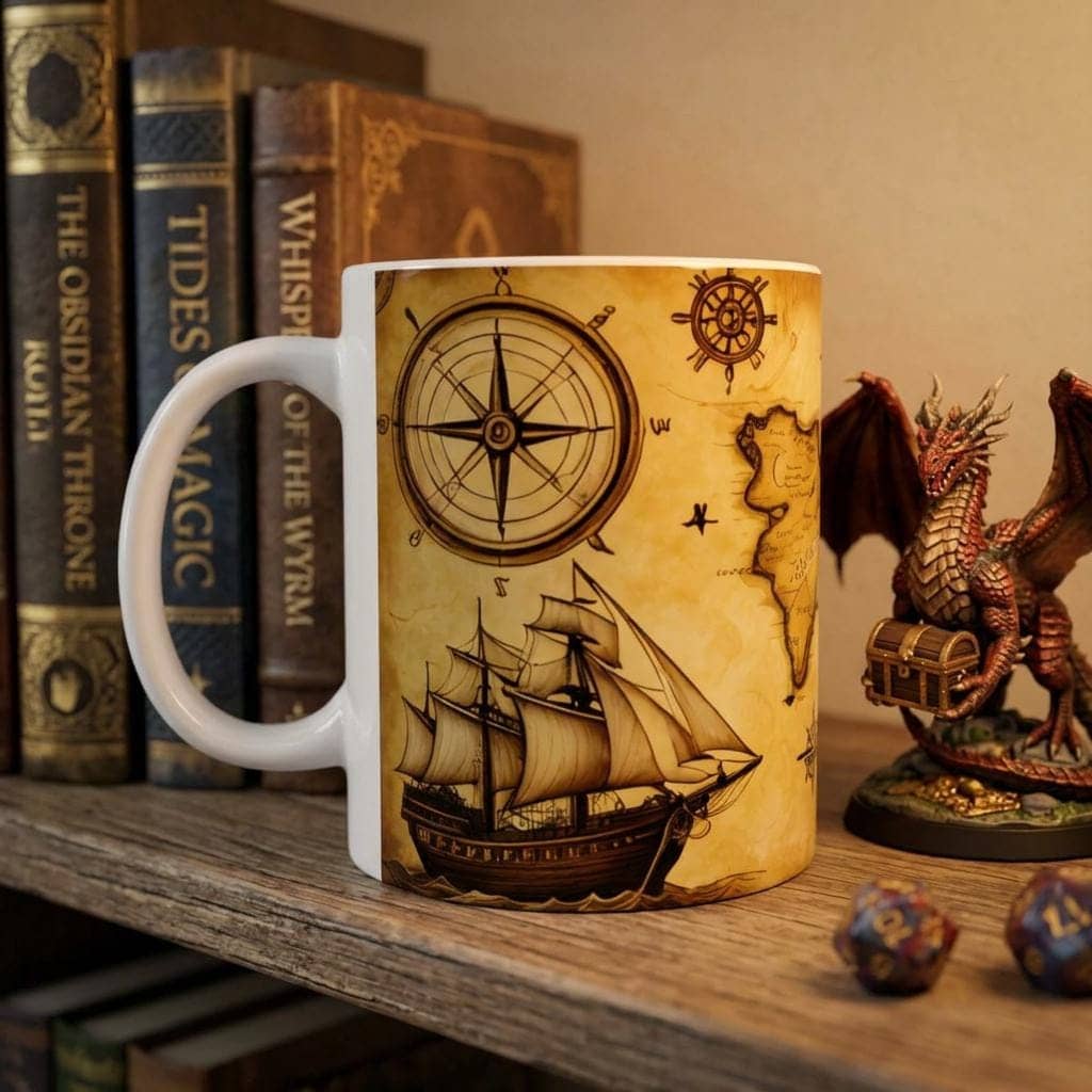 Unleash your inner adventurer with this detailed treasure map mug, shown on a shelf