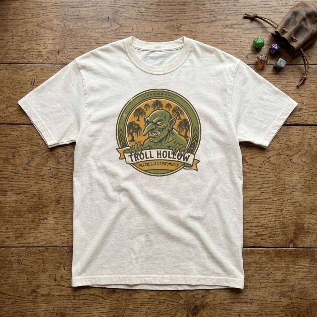 Vintage national park parody tee featuring a gangly swamp troll alongside a deadpan 'Please Burn Responsibly' fire warning for tabletop adventurers exploring monster-infested wetlands, shown laid flat among dice