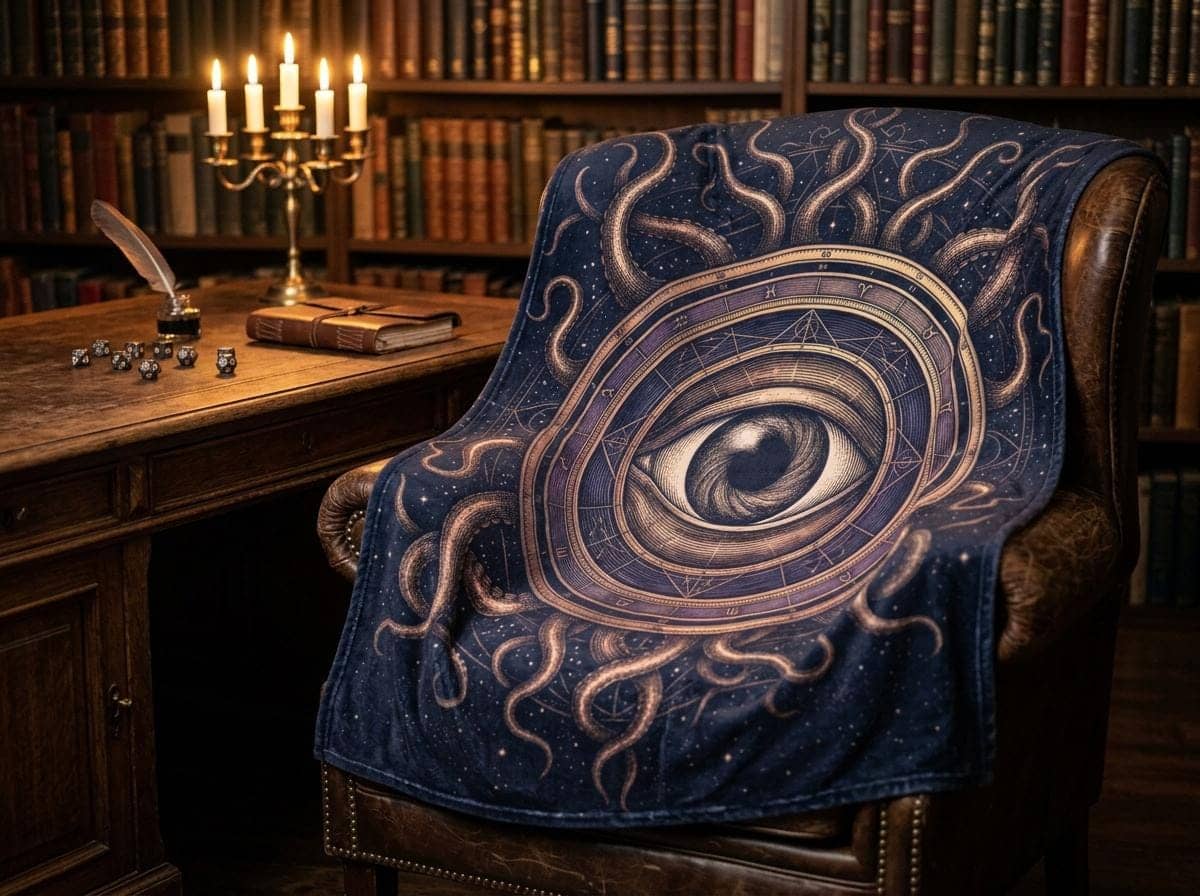 An atmospheric, oversized gaming throw blanket featuring an intricate cosmic horror warlock patron seal that upgrades game rooms and fall campaign nights, shown draped over a study armchair