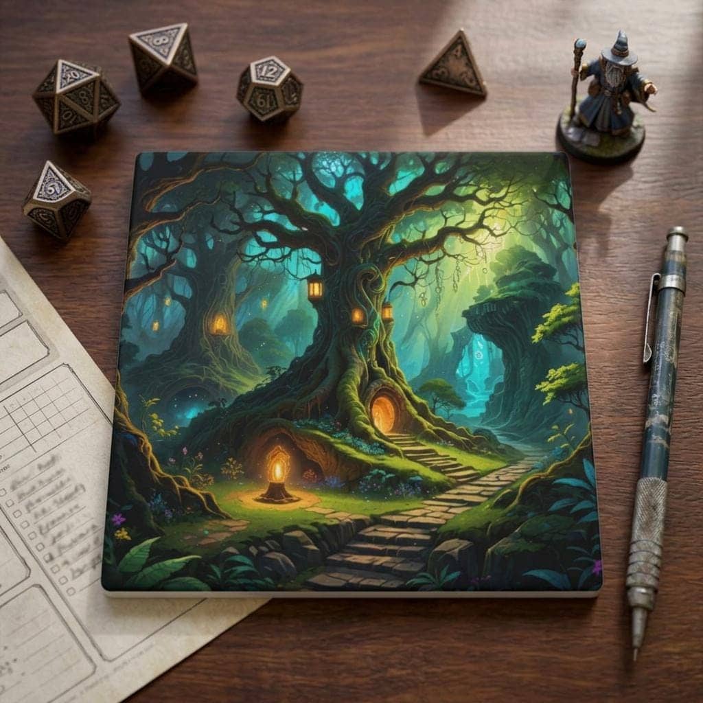 A captivating magical forest scene with a glowing tree and lanterns, printed on a coaster, shown on the game table among dice and character sheets