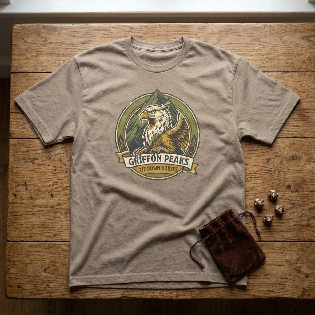 Vintage national park parody tee featuring a noble mountain griffon alongside a deadpan ranger warning for traveling adventurers to keep their prized mounts secured, shown laid flat among dice