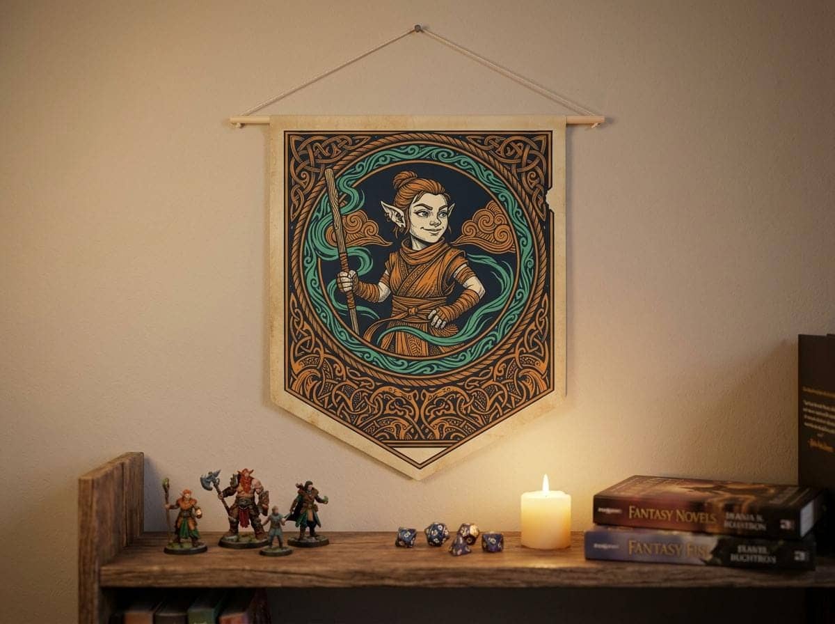 Vintage heraldic gnome monk pennant flag designed to elevate RPG campaign corners and gaming battle stations with authentic medieval heraldry and serene martial ki, shown on the wall above a bookshelf