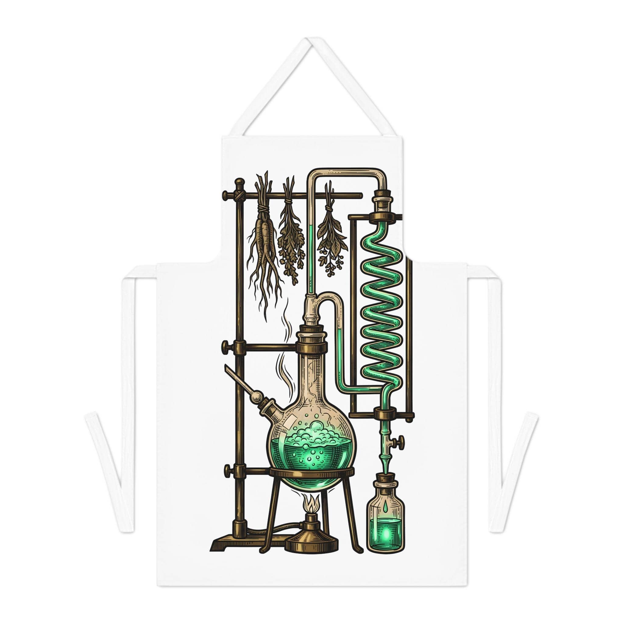 A witty, atmospheric cooking apron styled as an arcane apothecary station, front view