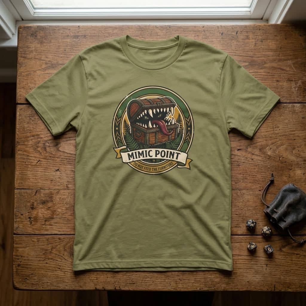 Deadpan national park badge tee warning dungeon adventurers against hungry furniture, shown laid flat among dice