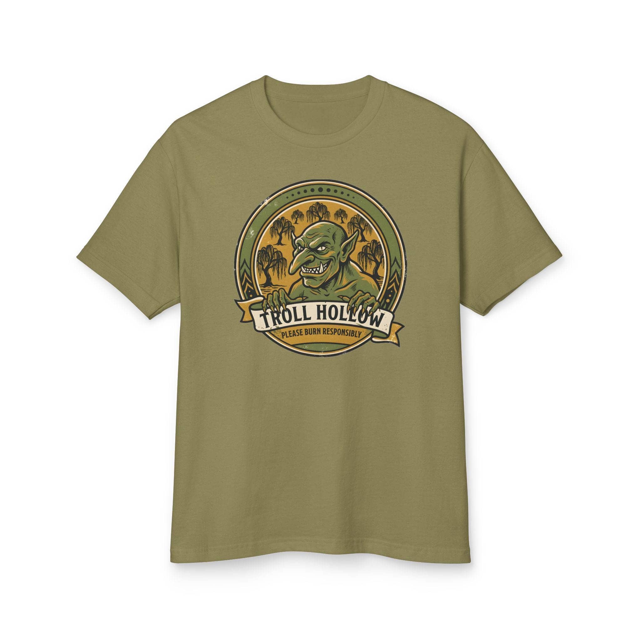 Vintage national park parody tee featuring a gangly swamp troll alongside a deadpan 'Please Burn Responsibly' fire warning for tabletop adventurers exploring monster-infested wetlands, front view