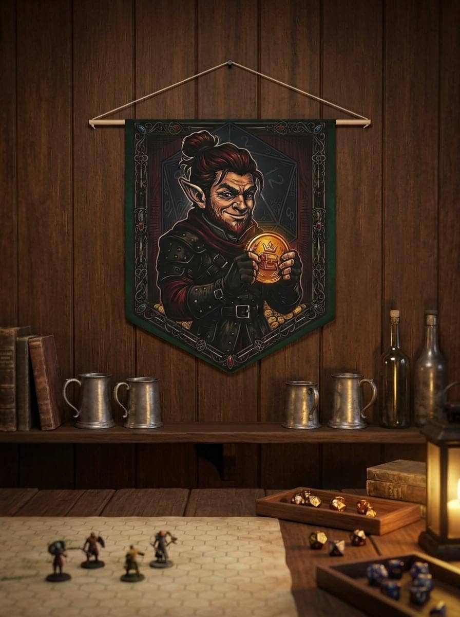 A bold screenprint-style canvas banner celebrating a critical Sleight of Hand roll, featuring a roguish gnome with his stolen prize to elevate a gaming room or pin collection corner, shown on a tavern wall