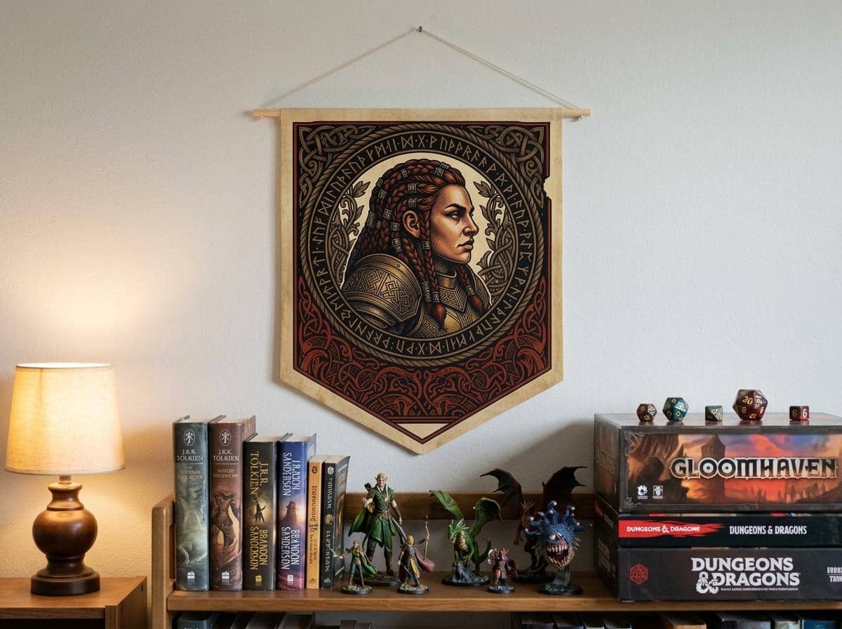 Vintage heraldic female dwarf warrior pennant flag designed to elevate RPG campaign corners and gaming battle stations with authentic medieval heraldry, shown on the wall above a bookshelf