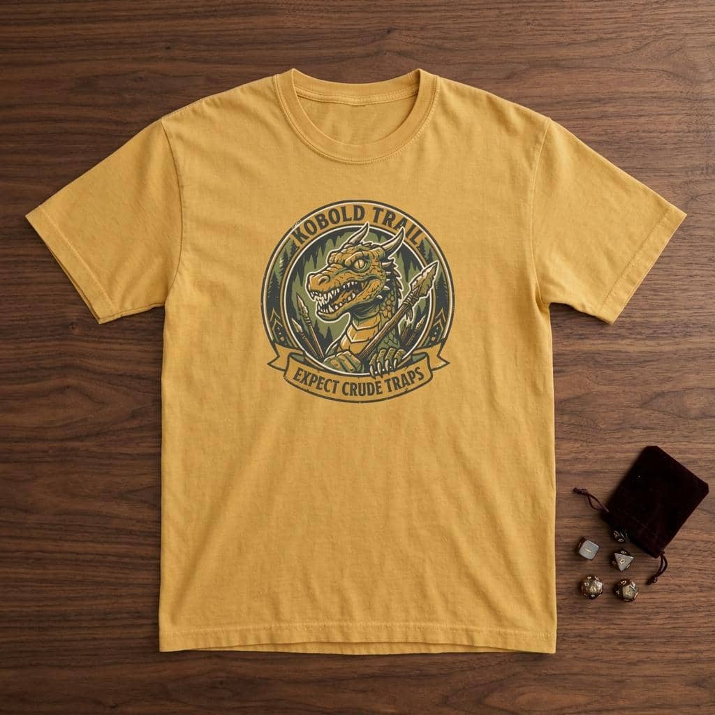 Deadpan national park style graphic tee warning tabletop adventurers to watch their step for crude traps along the kobold trail, shown laid flat among dice