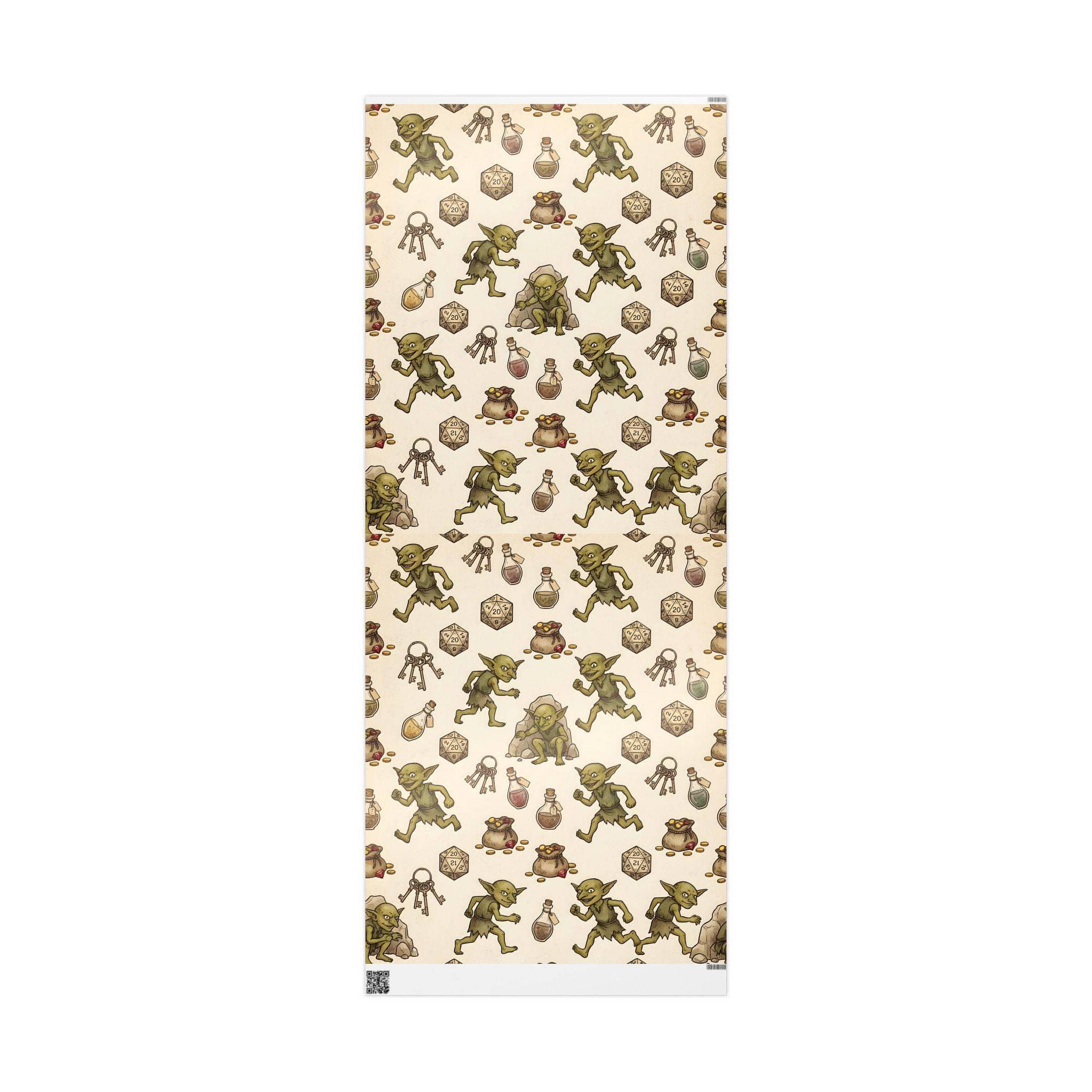 Delight your tabletop party with a seamless storybook pattern of mischievous loot-stealing goblins making off with polyhedral dice and shiny treasure, printed on wrapping paper, front view