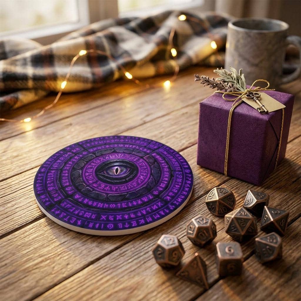 Transform beverage condensation into an in-game hazard with a coaster styled like a freshly unearthed cursed relic, shown as a gift