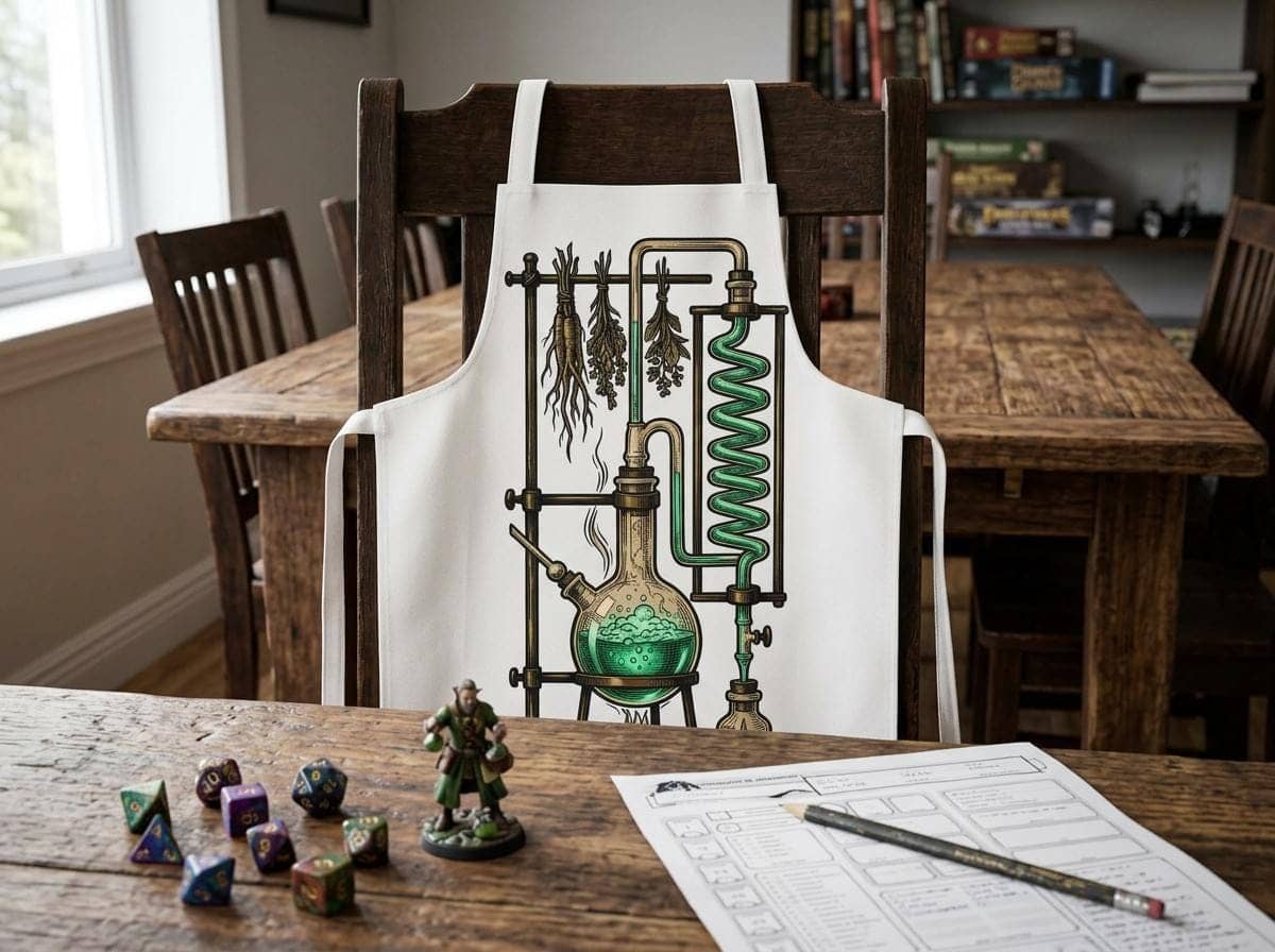 A witty, atmospheric cooking apron styled as an arcane apothecary station, shown draped over a chair