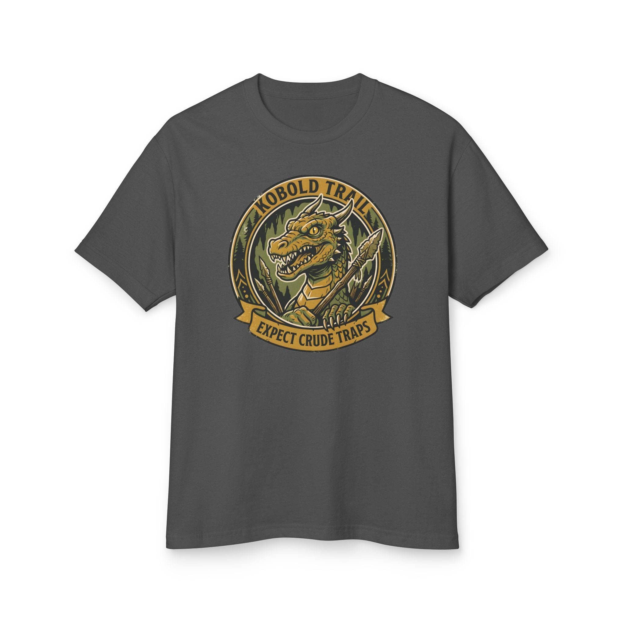 Deadpan national park style graphic tee warning tabletop adventurers to watch their step for crude traps along the kobold trail, front view