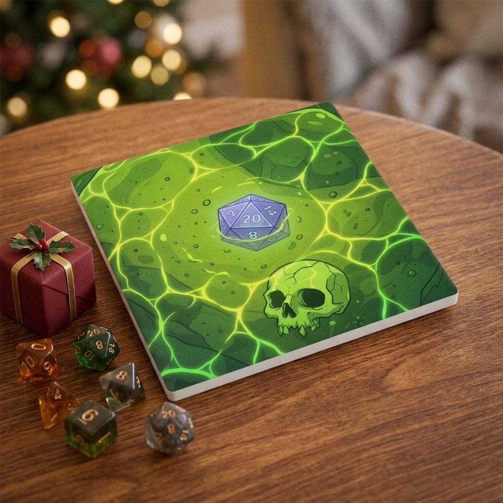 A square high-gloss drink coaster designed to look like a direct top-down view into a translucent acidic gelatinous cube trapping sunken dice and adventurer bones, serving as a witty spill hazard for campaign nights, shown as a gift