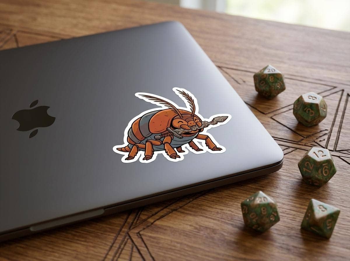 An inside-joke badge sticker depicting tabletop gaming's most feared blade-eating pest, shown on a laptop lid