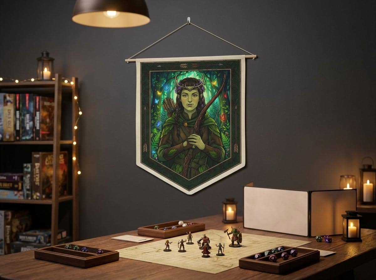 Subverts brutal half-orc tropes with enchanting Feywild cottagecore charm, printed on a pennant, shown on a game room wall