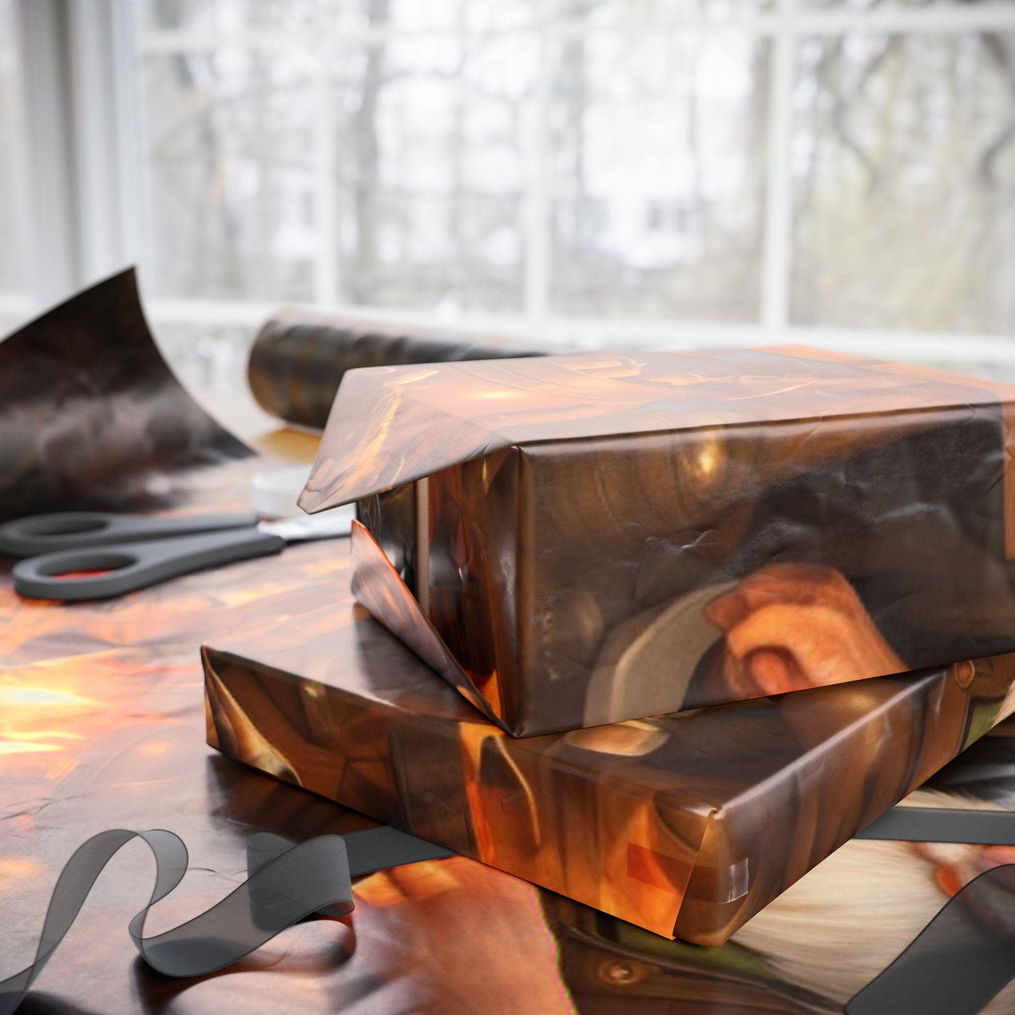 A wrapping paper design featuring a whimsical gnome workshop from the tabletop roleplaying universe