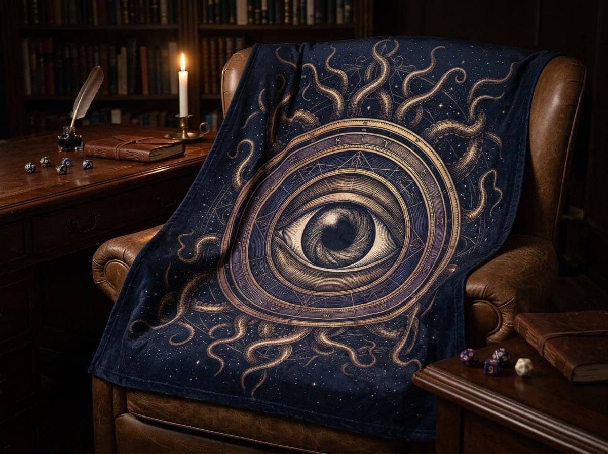 An atmospheric, oversized gaming throw blanket featuring an intricate cosmic horror warlock patron seal that upgrades game rooms and fall campaign nights, shown draped over a study armchair