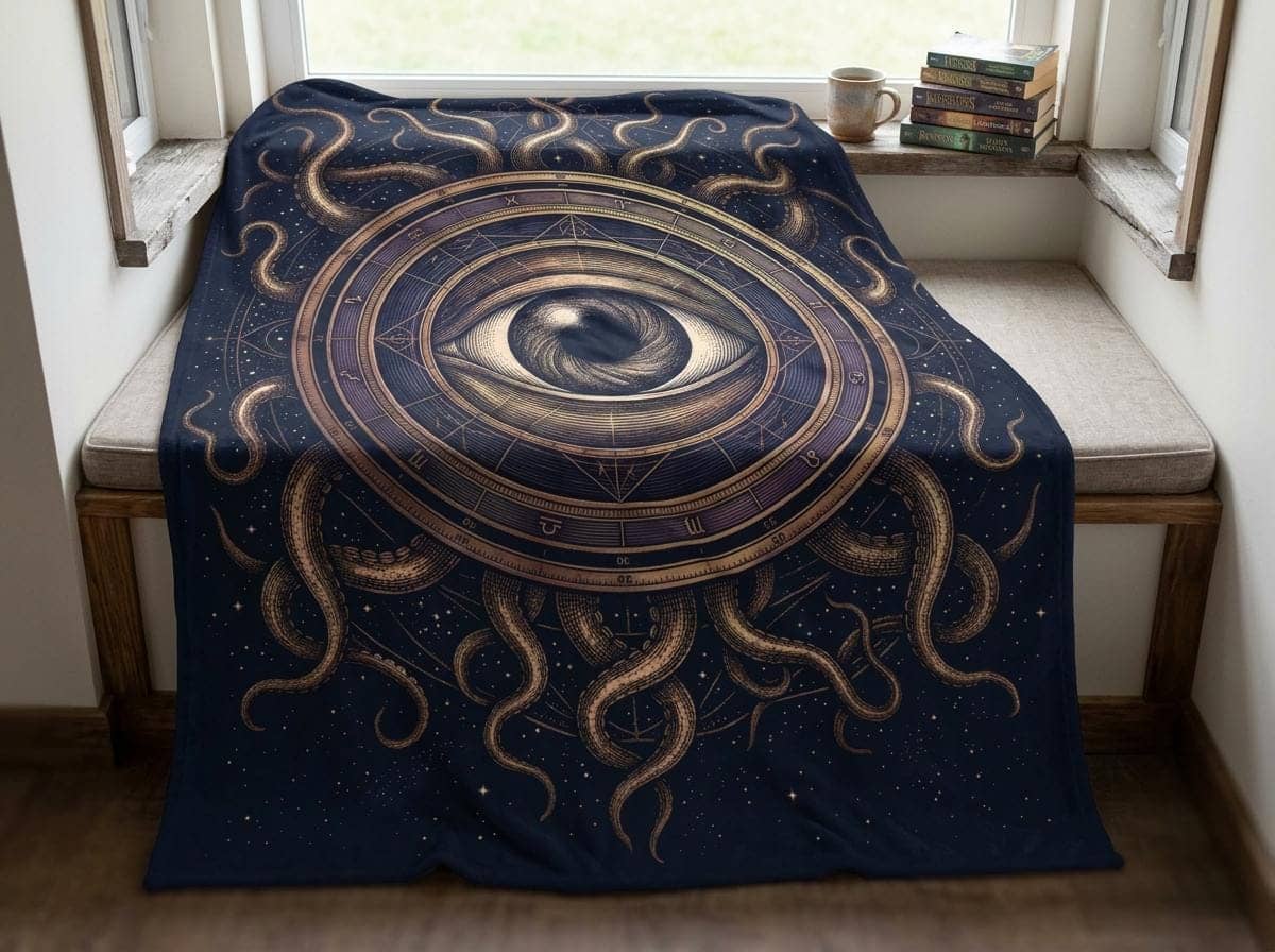 An atmospheric, oversized gaming throw blanket featuring an intricate cosmic horror warlock patron seal that upgrades game rooms and fall campaign nights, shown in a reading nook