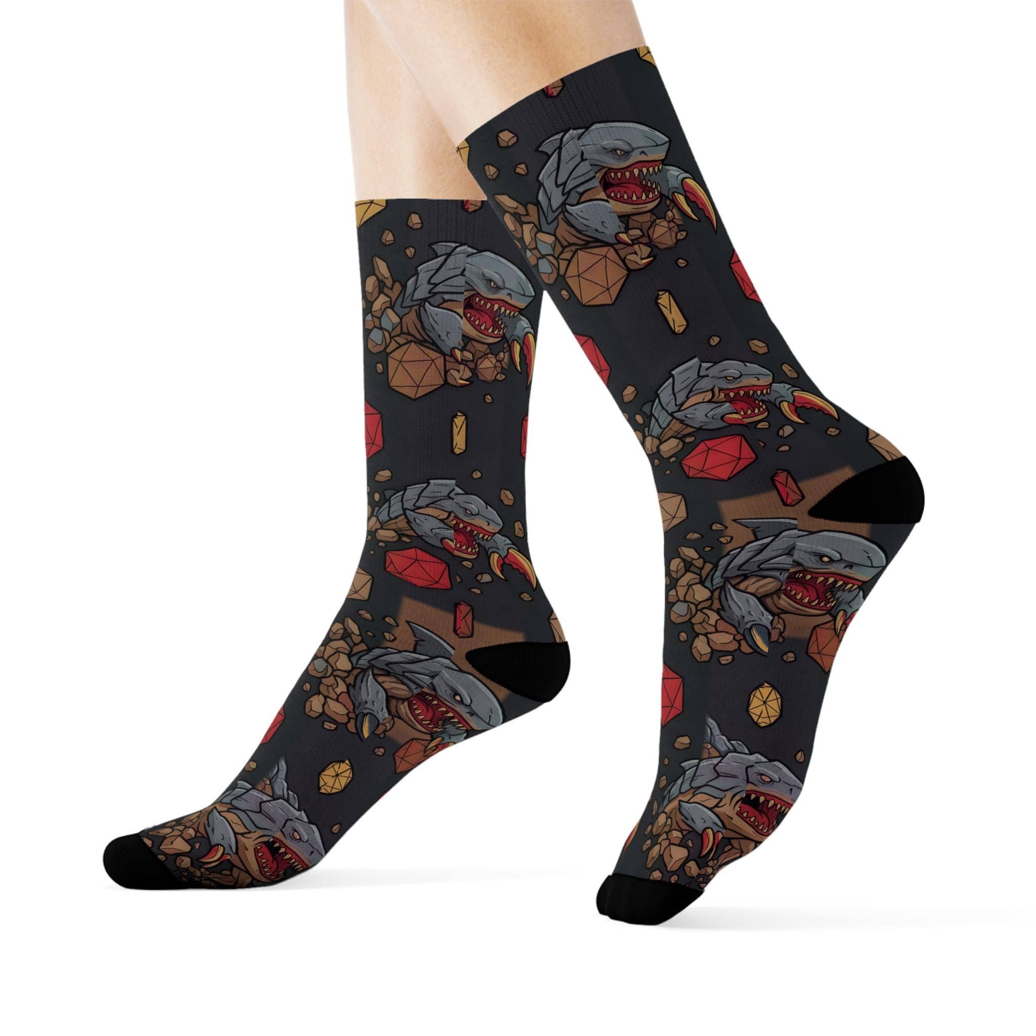 Humorous, combat-ready TTRPG crew socks featuring the notorious 'landshark' monster ambushing d20 dice in a seamless pattern, side view