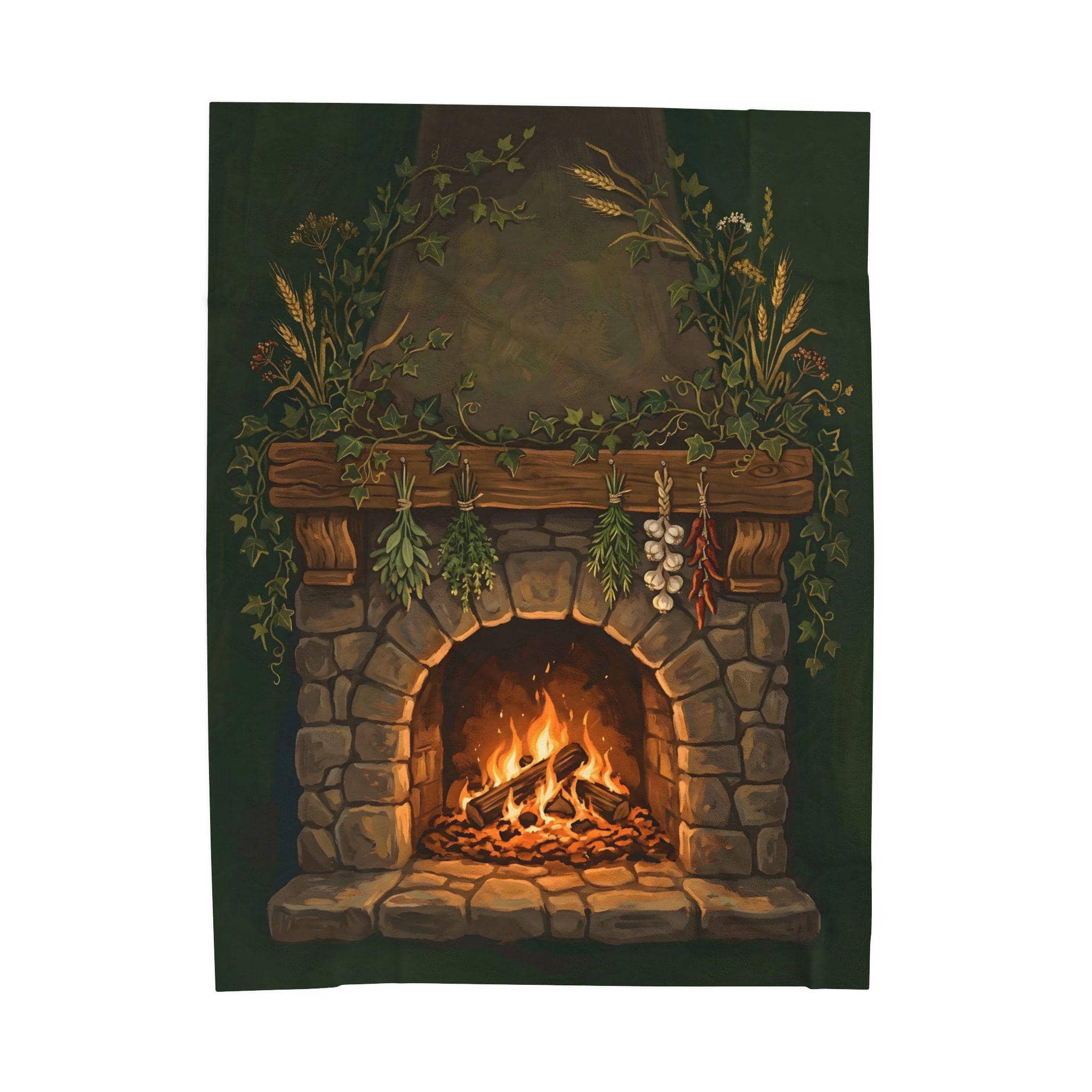 An ultra-soft fleece throw blanket illustrated as a warm halfling tavern hearth, front view