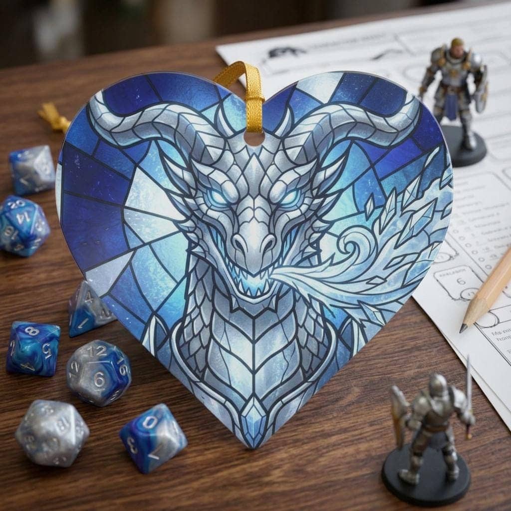 A vibrant stained-glass style circular ceramic holiday ornament featuring a silver dragonborn breathing crystalline frost, shown on the game table among dice and character sheets