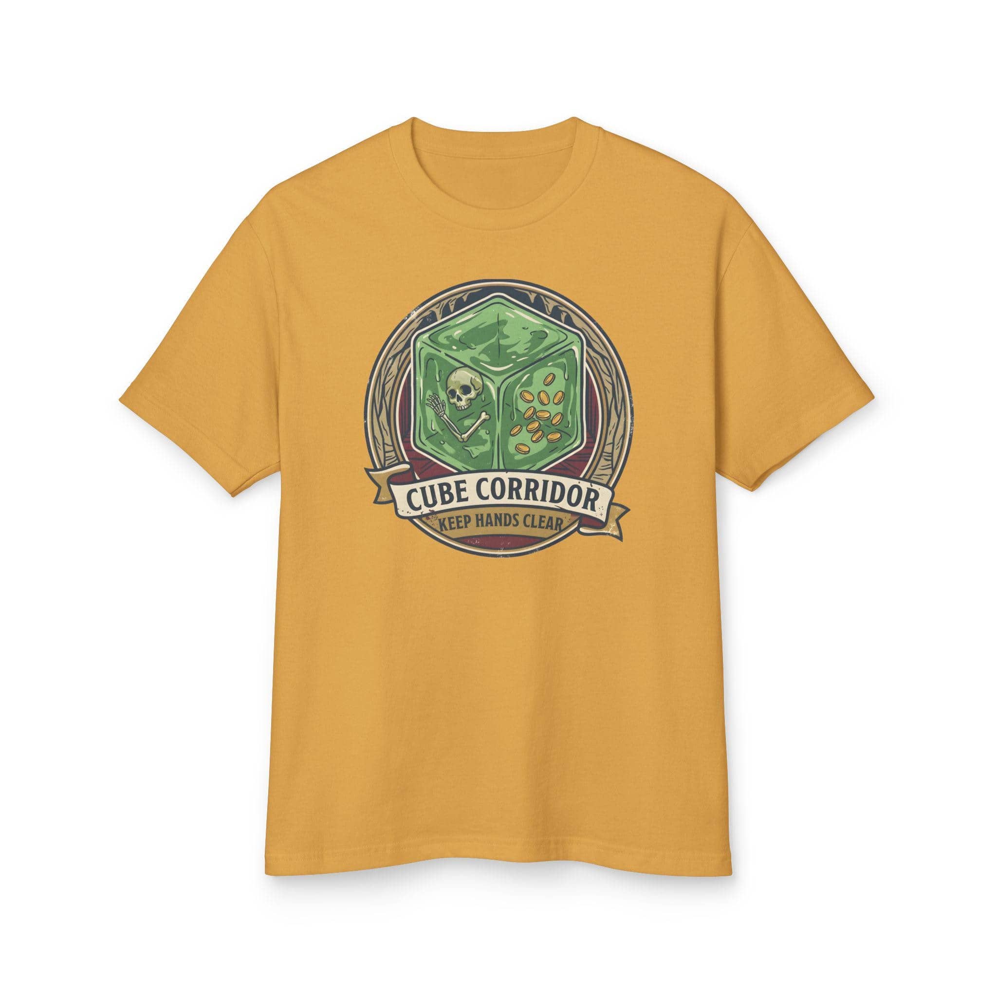 Vintage national park warning graphic tee featuring tabletop gaming's iconic translucent dungeon ooze alongside a deadpan caution sign for adventurers who touch strange corridor walls, front view