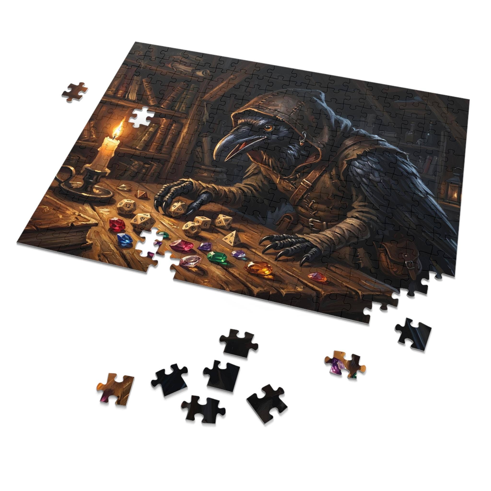 A richly rendered fantasy jigsaw puzzle showcasing an inquisitive raven-folk rogue sorting through a glittering hoard of polyhedral dice and stolen gems, in a room setting