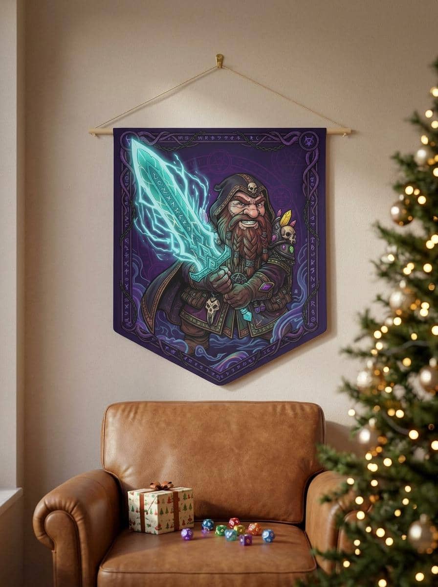 Graphic fantasy felt-style pennant featuring a fierce gnome warlock channeling a massive cyan spectral greatsword, shown as a gift
