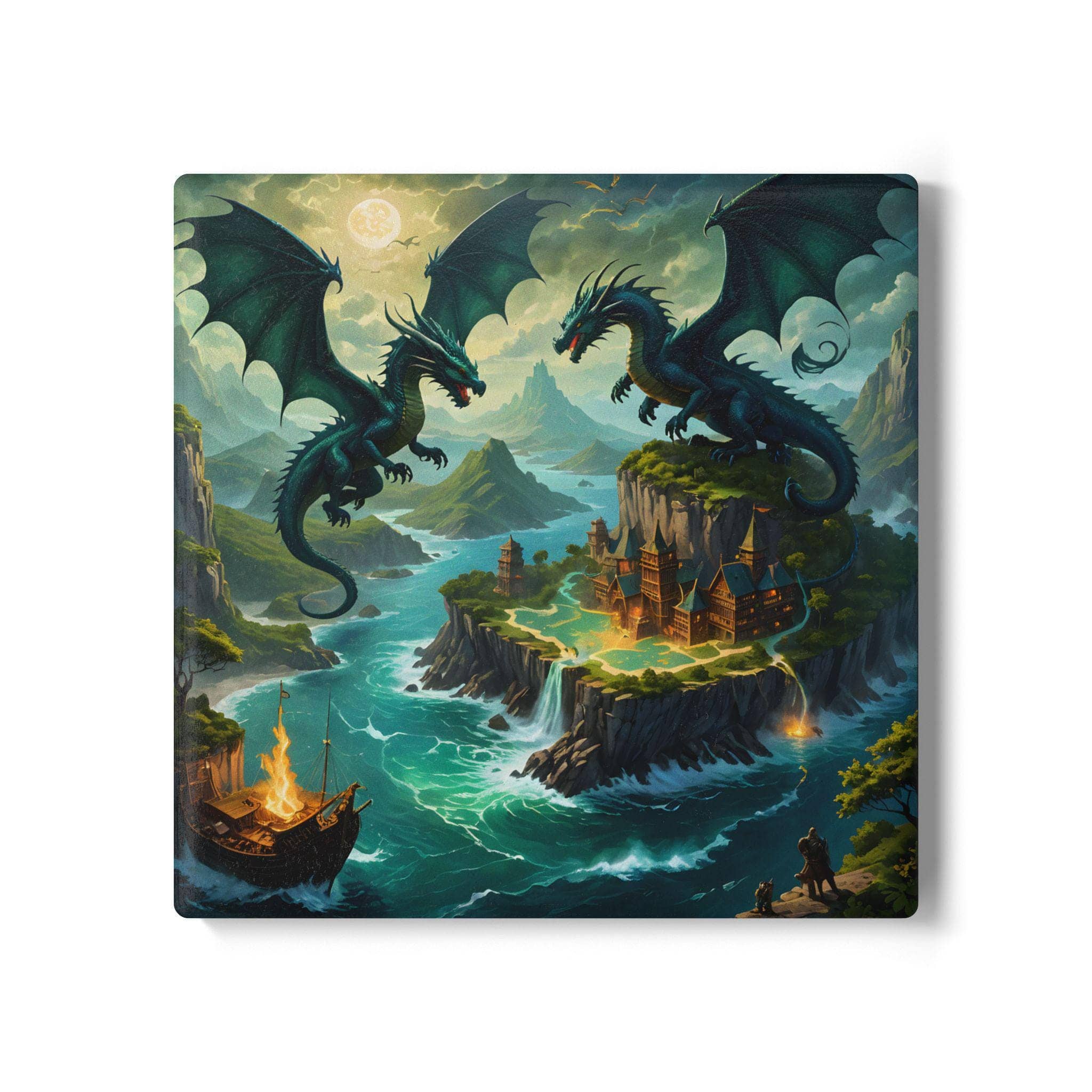 Majestic dragons flying over an island castle as a ship approaches the shore, printed on a coaster, front view