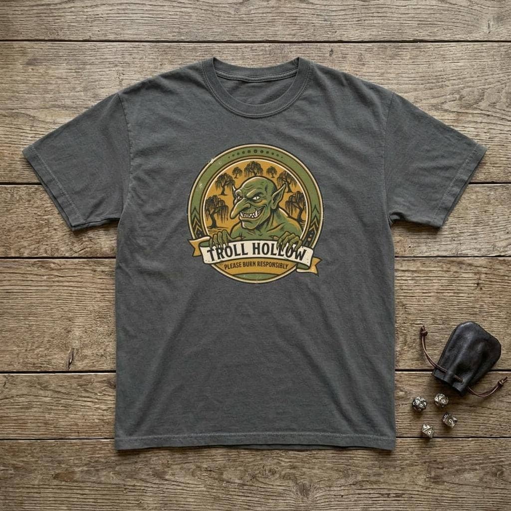 Vintage national park parody tee featuring a gangly swamp troll alongside a deadpan 'Please Burn Responsibly' fire warning for tabletop adventurers exploring monster-infested wetlands, shown laid flat among dice