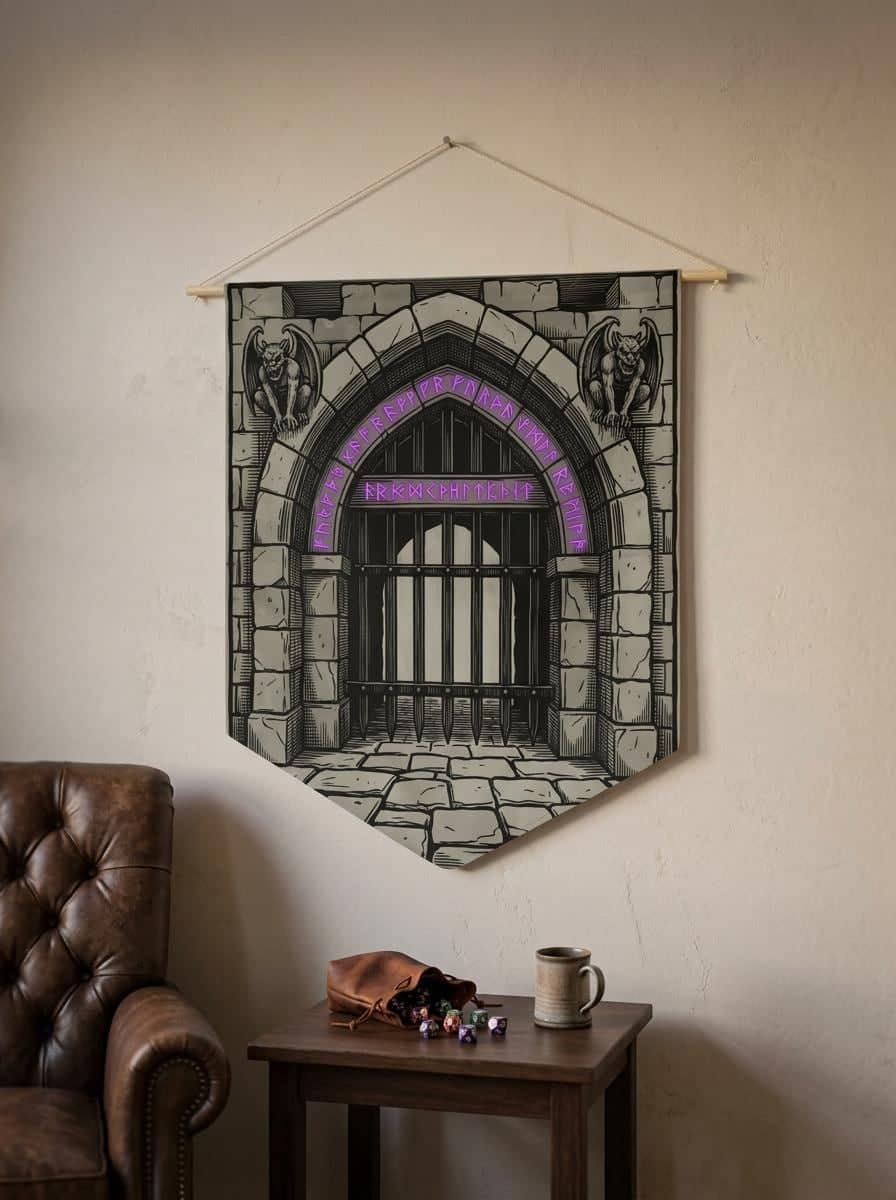 Hanging canvas pennant styled as an ancient dungeon threshold, turning any game room or basement door into an immersive portal for weekly campaign nights, shown in a cosy den corner