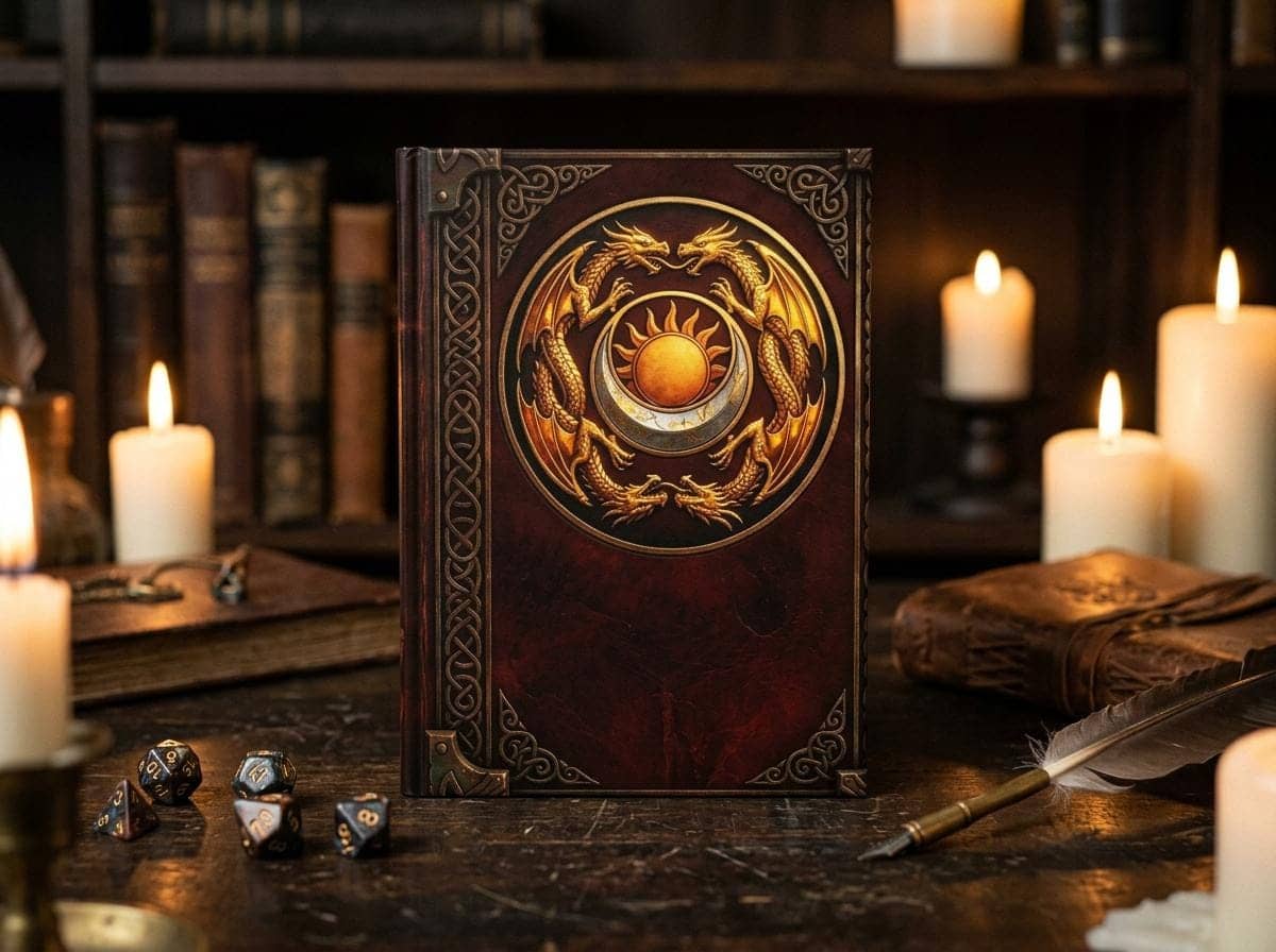 Hardcover ruled fantasy campaign journal designed as an ancient pact tome, shown on a desk beside a quill and ink