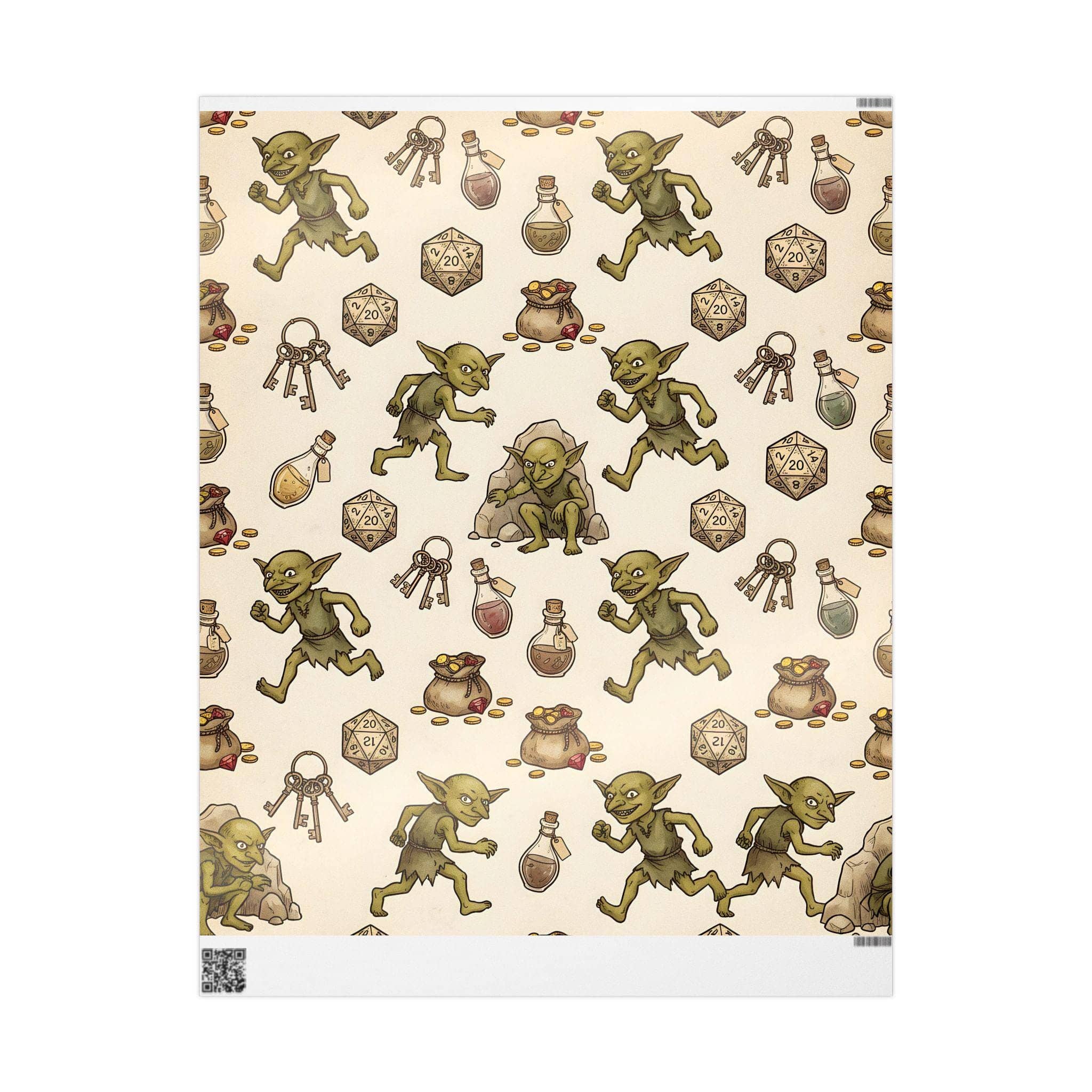 Delight your tabletop party with a seamless storybook pattern of mischievous loot-stealing goblins making off with polyhedral dice and shiny treasure, printed on wrapping paper, front view