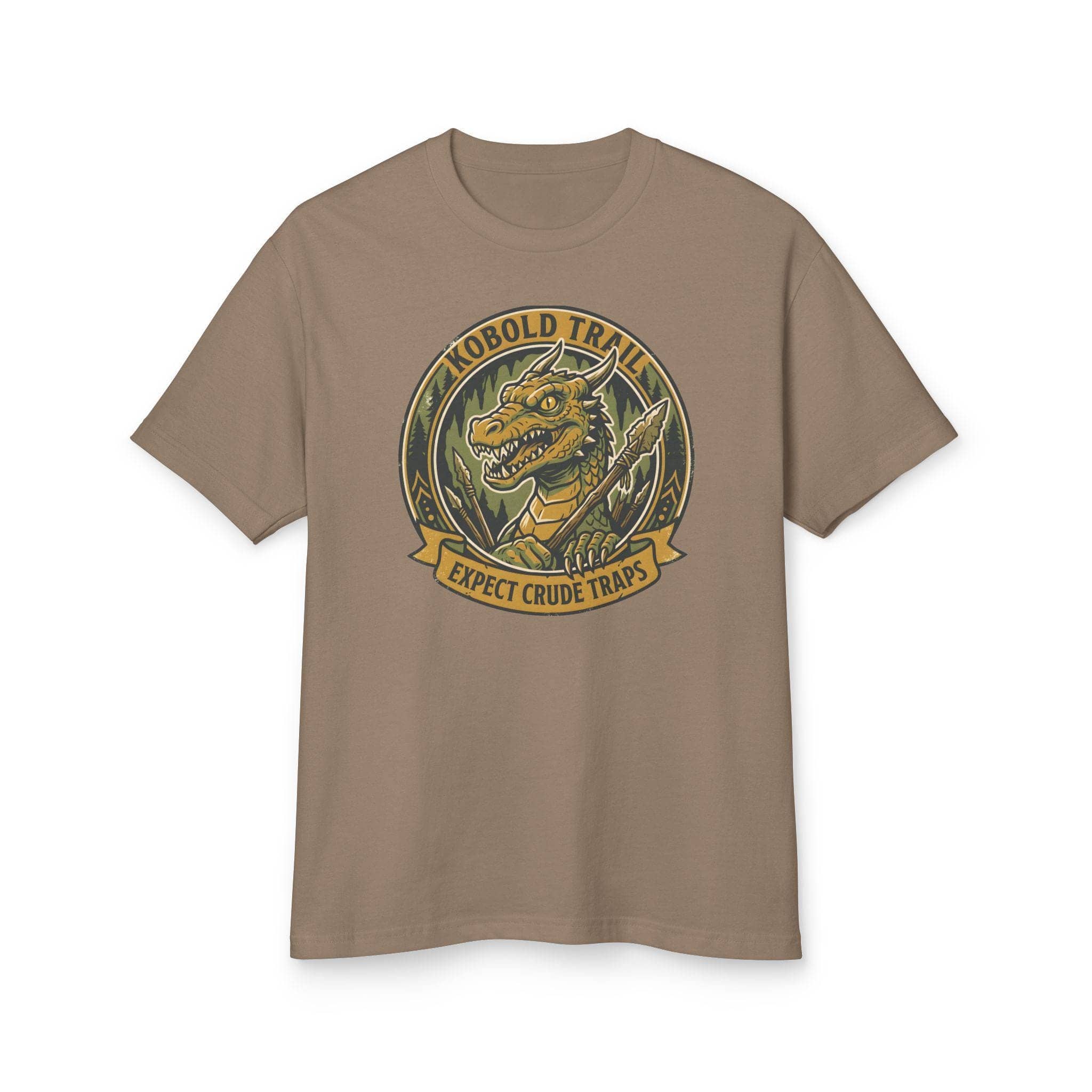 Deadpan national park style graphic tee warning tabletop adventurers to watch their step for crude traps along the kobold trail, front view