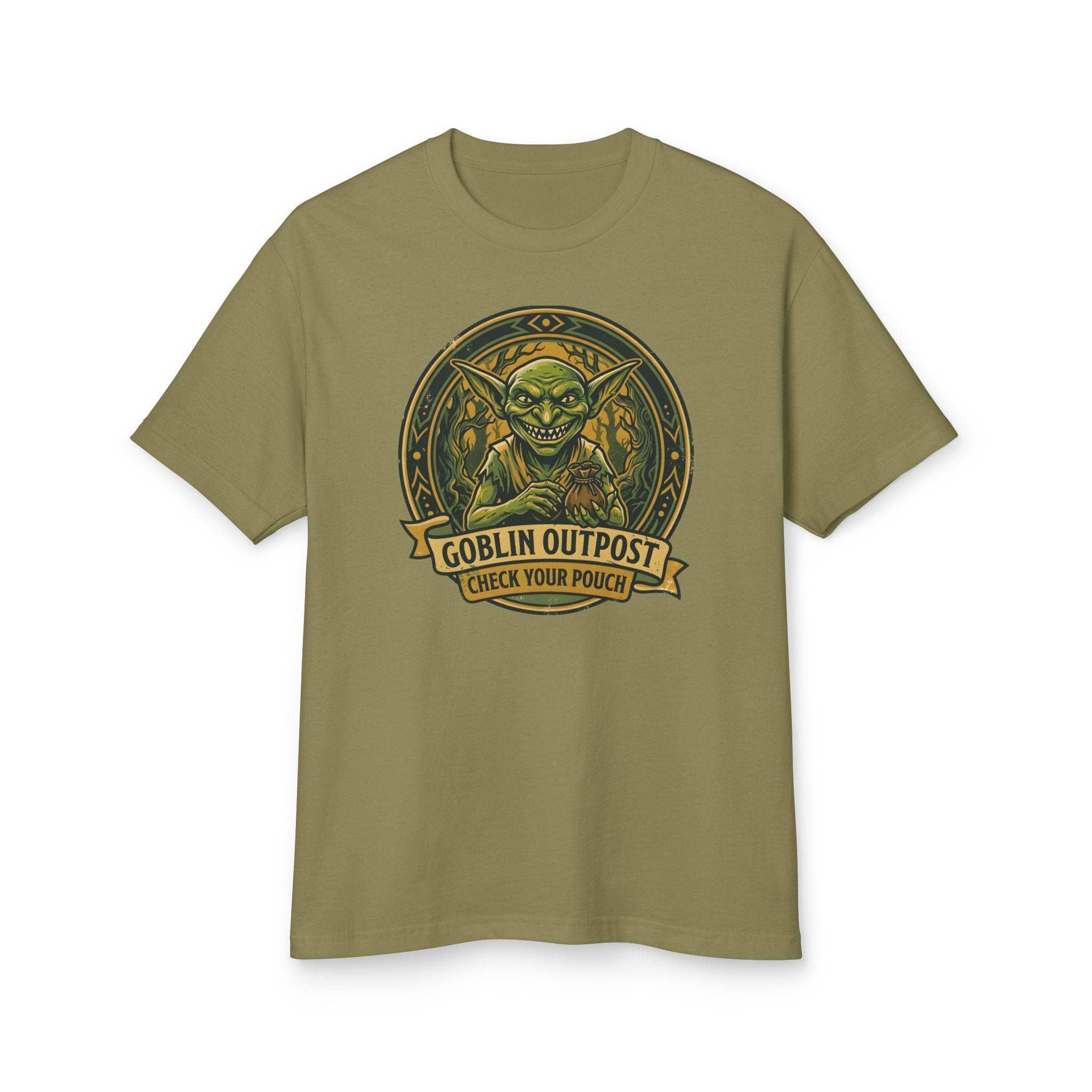 Deadpan national park style graphic tee warning tabletop adventurers to guard their coin pouches from grinning goblin scavengers, front view