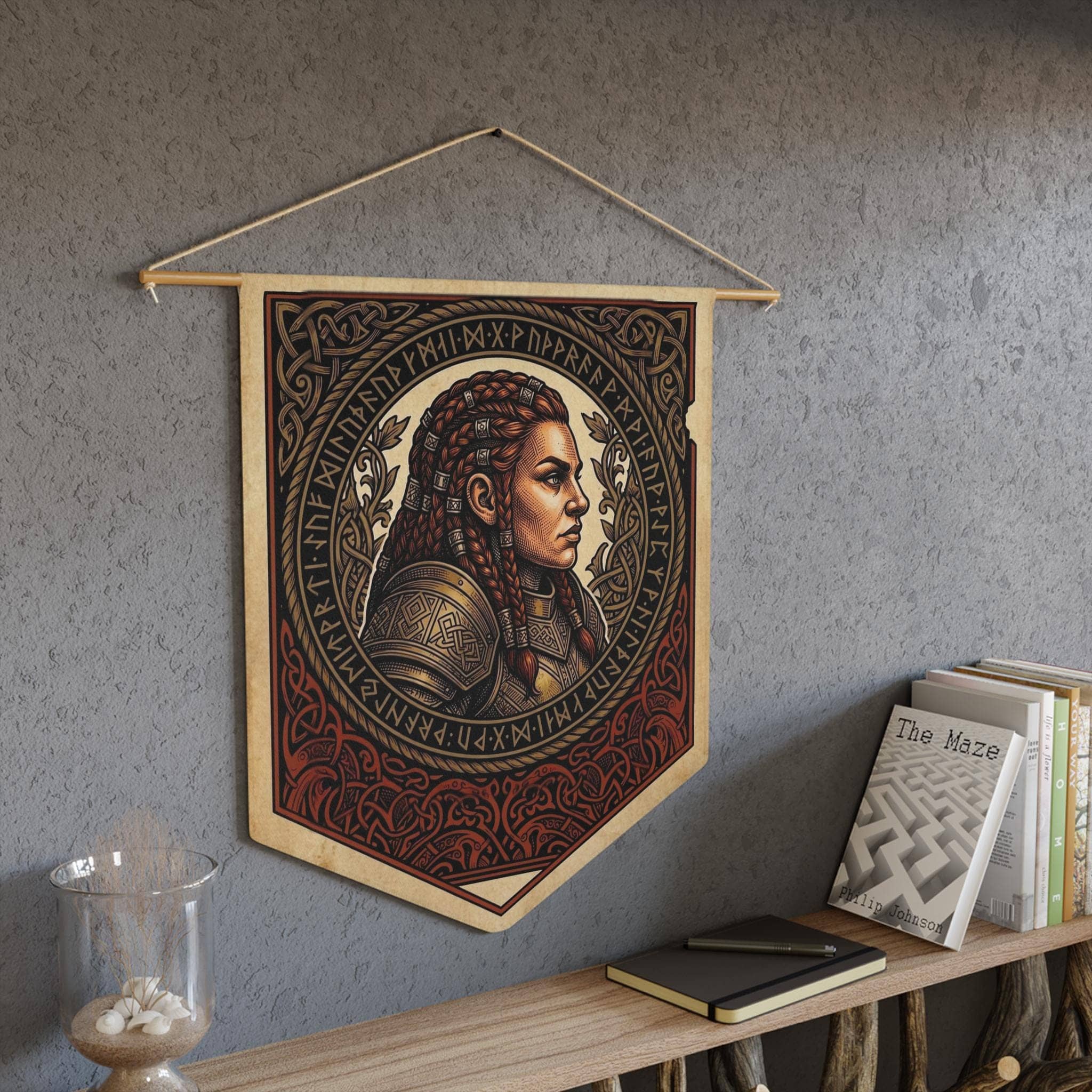 Vintage heraldic female dwarf warrior pennant flag designed to elevate RPG campaign corners and gaming battle stations with authentic medieval heraldry, in a room setting