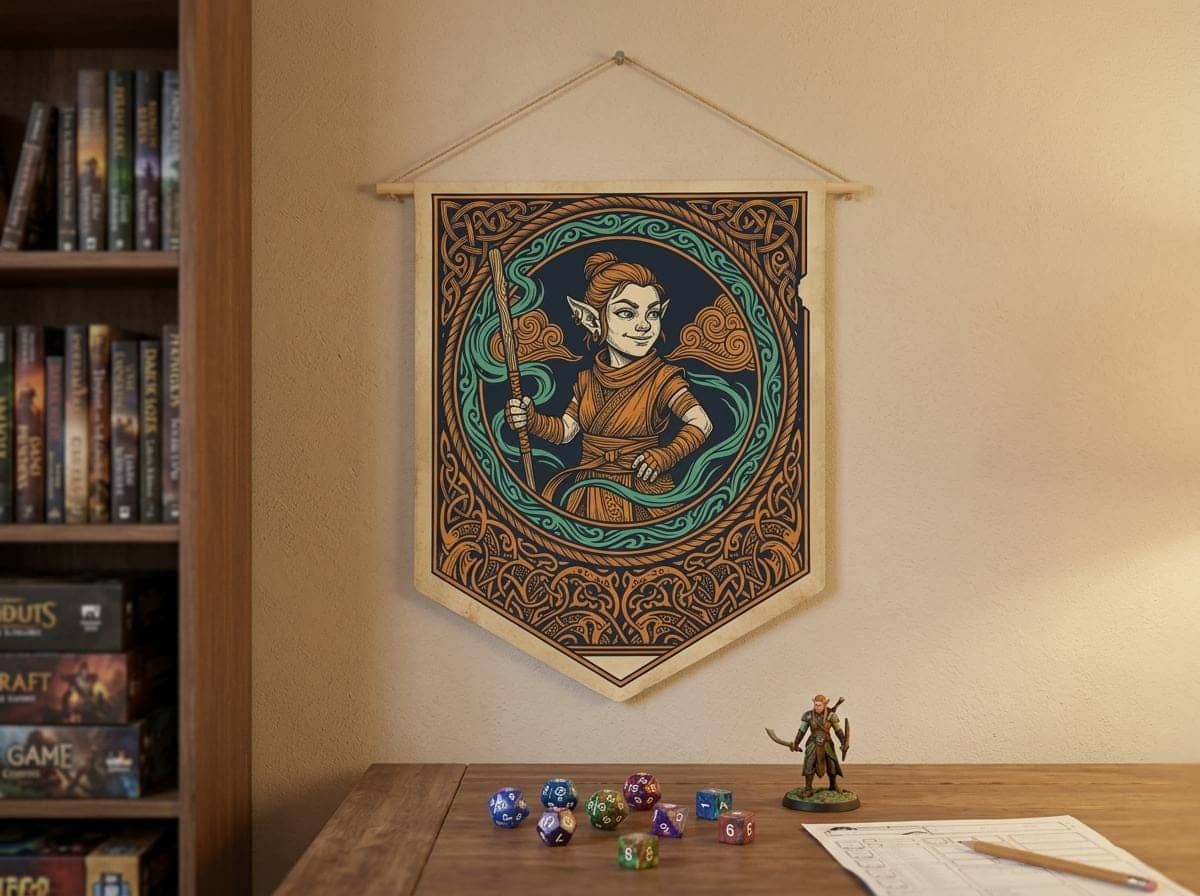 Vintage heraldic gnome monk pennant flag designed to elevate RPG campaign corners and gaming battle stations with authentic medieval heraldry and serene martial ki, shown on a game room wall