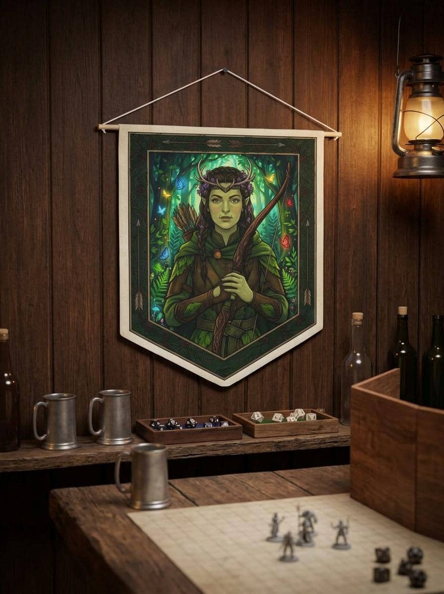 Subverts brutal half-orc tropes with enchanting Feywild cottagecore charm, printed on a pennant, shown on a tavern wall