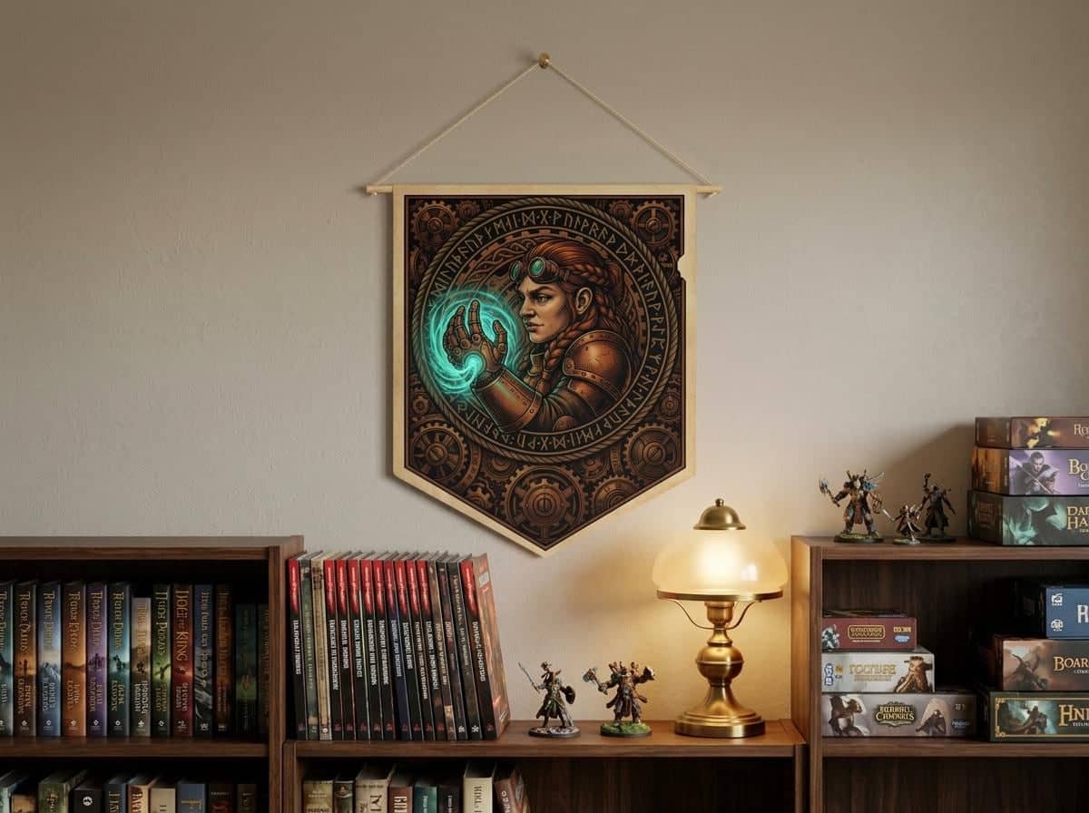 Vintage heraldic dwarf artificer pennant flag designed to elevate RPG campaign corners and gaming battle stations with authentic magical engineering heraldry, shown on the wall above a bookshelf