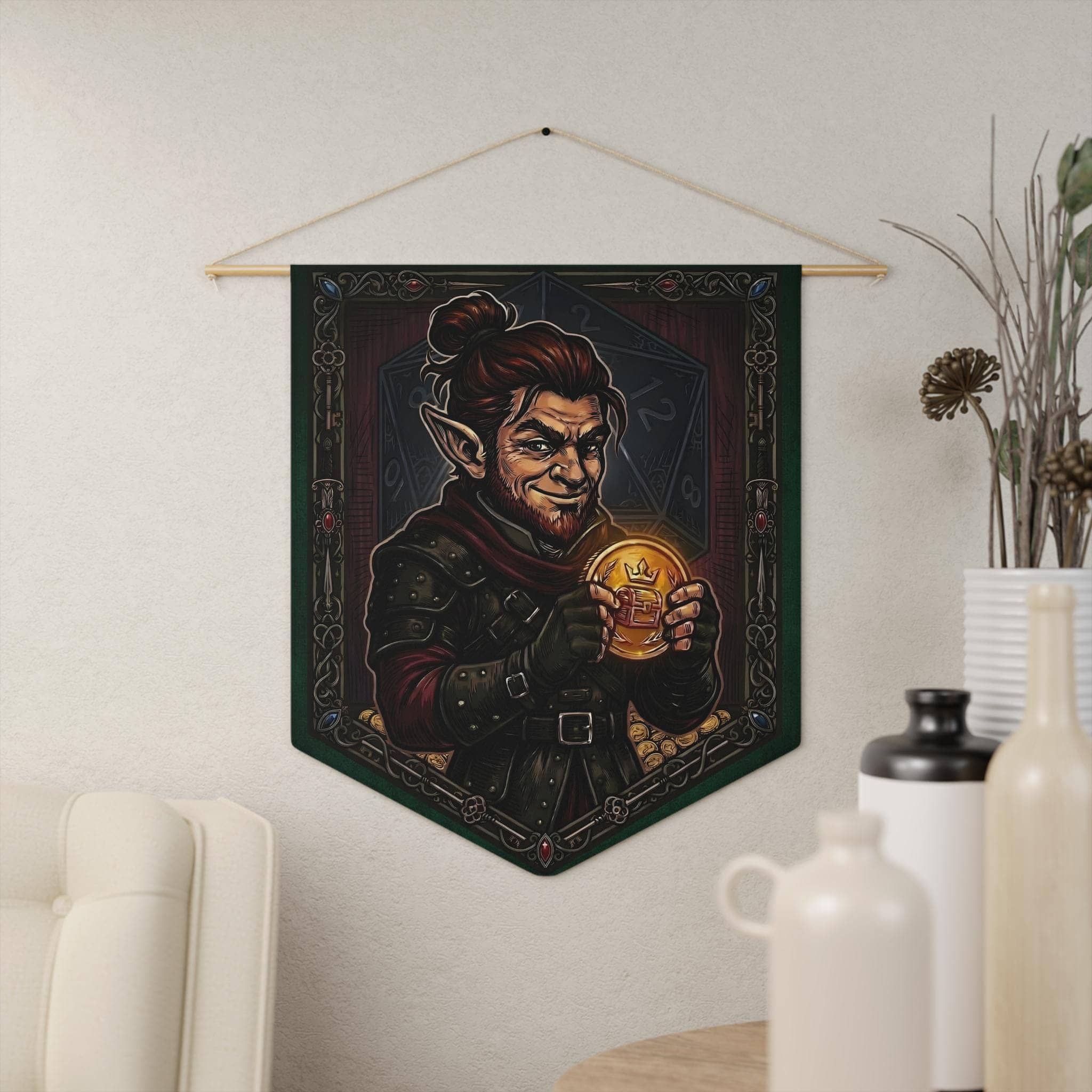 A bold screenprint-style canvas banner celebrating a critical Sleight of Hand roll, featuring a roguish gnome with his stolen prize to elevate a gaming room or pin collection corner, in a room setting