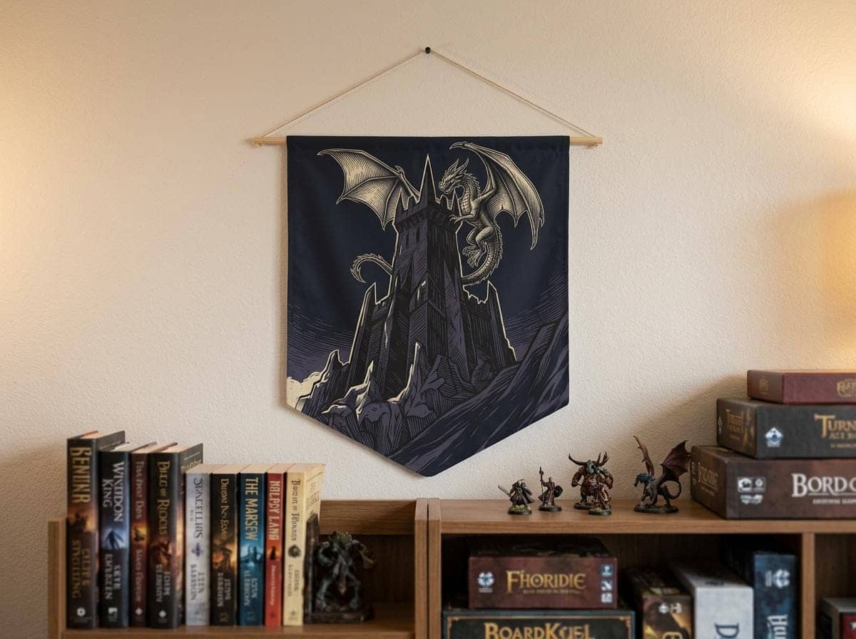 Triangular gothic wall banner featuring a towering obsidian fortress framed by celestial heraldry