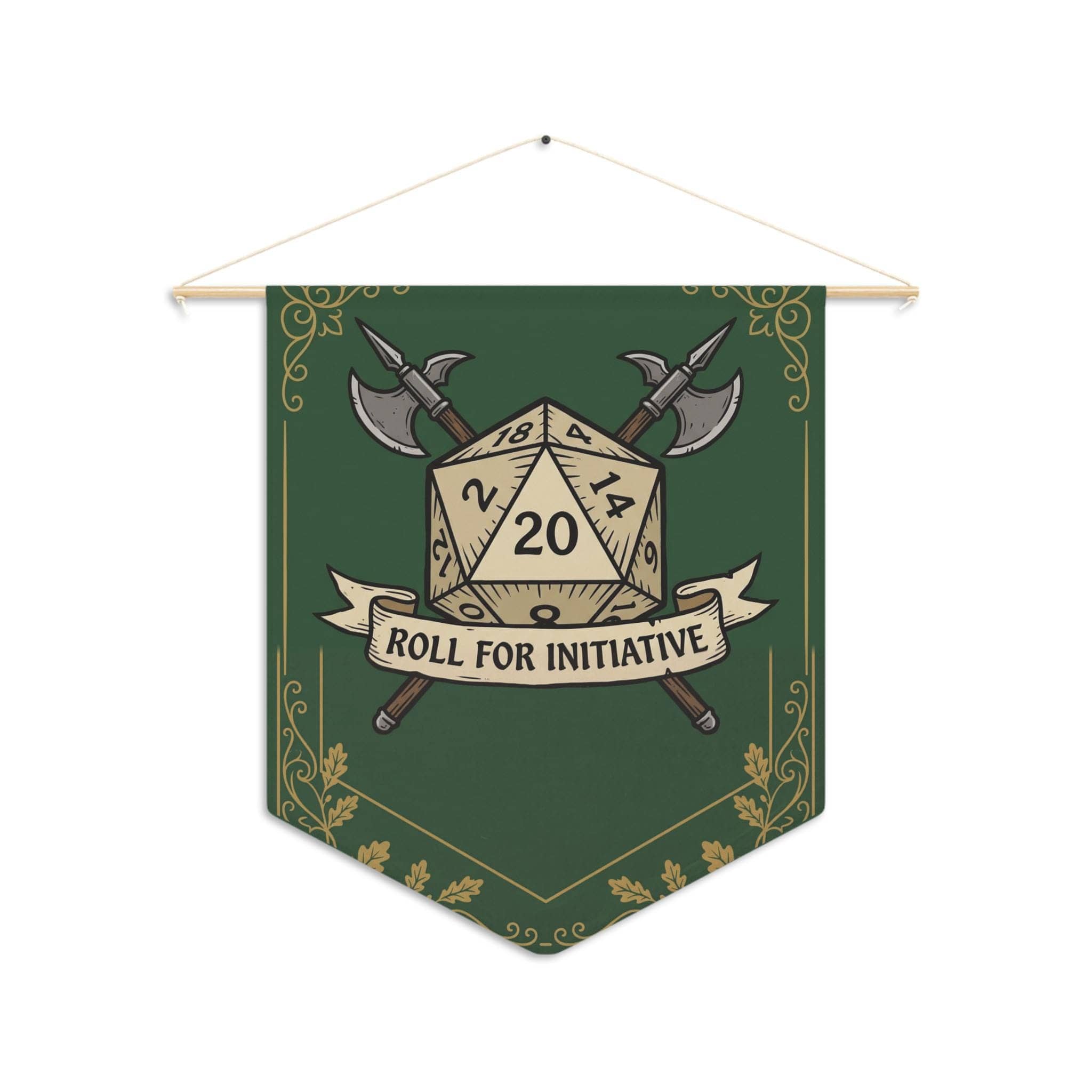 An authentic tavern-inspired heraldic battle cry banner designed to mark game room territory, solving the search for high-impact Dungeon Master appreciation and game night housewarming gifts, front view