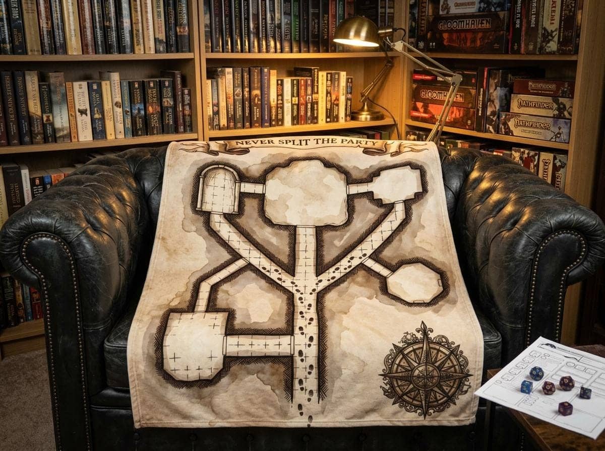 Turn tabletop disaster into cozy game room comfort with an aged parchment dungeon map throw blanket that immortalizes the cardinal rule of adventuring, shown on a game room couch