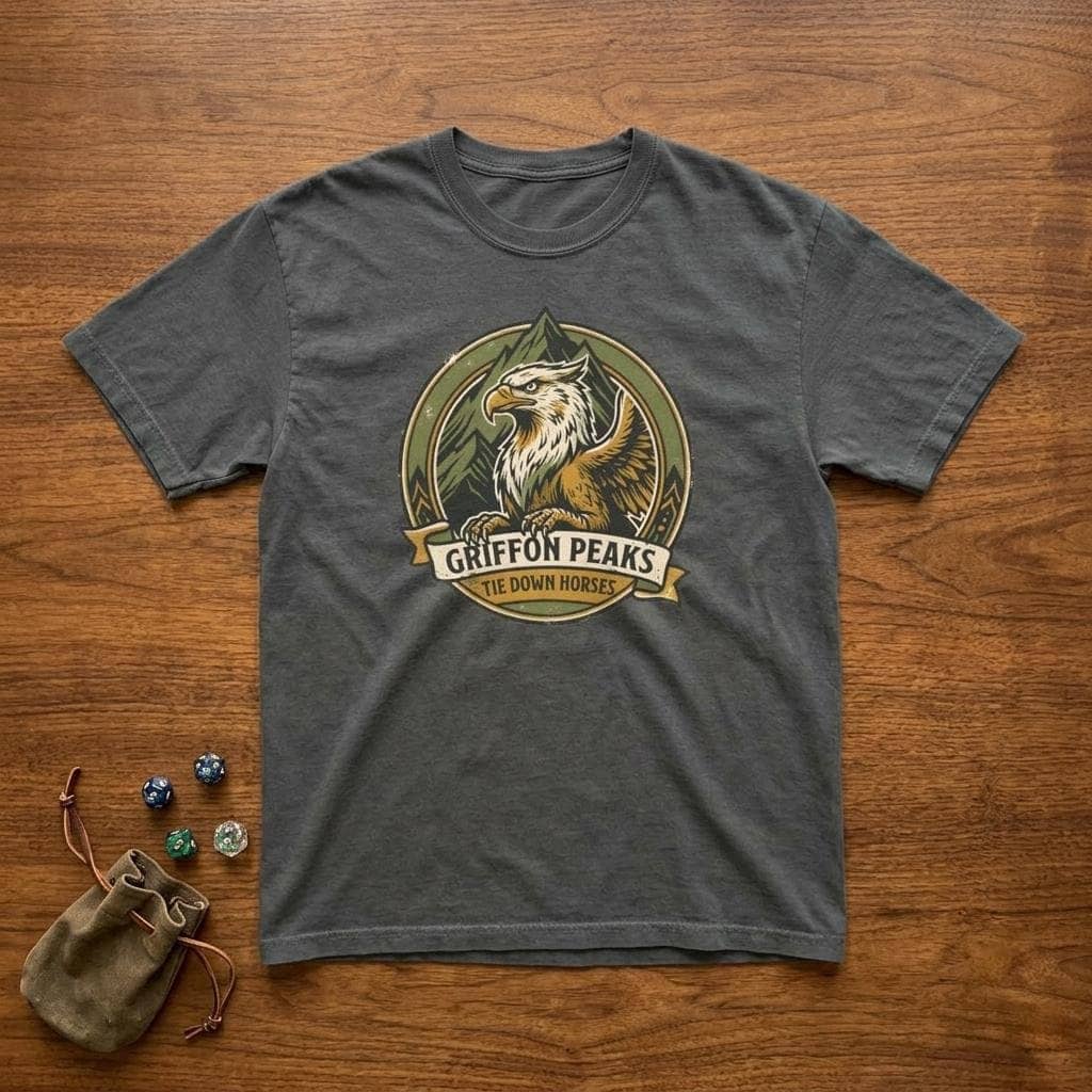 Vintage national park parody tee featuring a noble mountain griffon alongside a deadpan ranger warning for traveling adventurers to keep their prized mounts secured, shown laid flat among dice